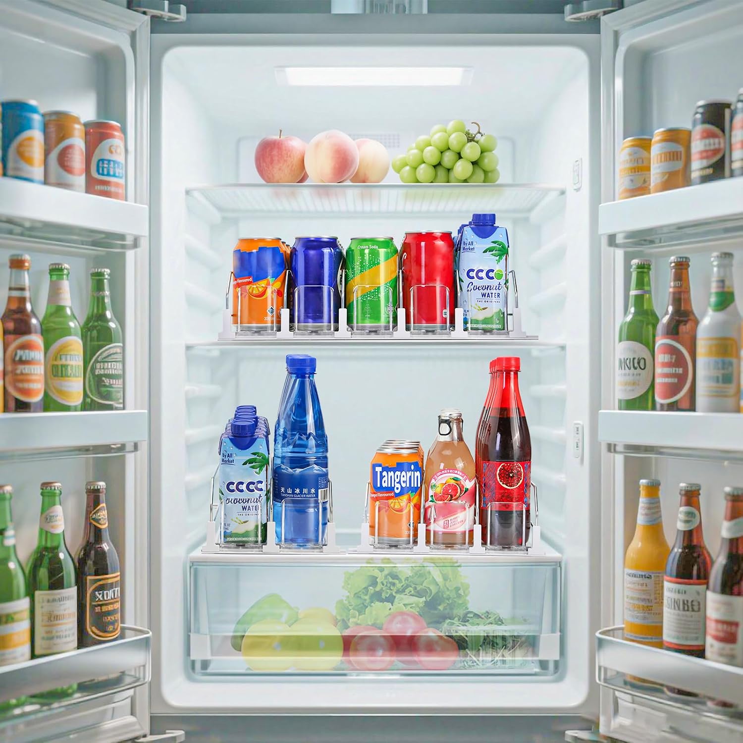 Upgraded Drink Organizer for Fridge，Soda Can Dispenser for Refrigerator，Automatic Self-Pushing Drink Pusher，Space-Saving Fridge Storage，Holds up to 10-15 Cans, 2 Row