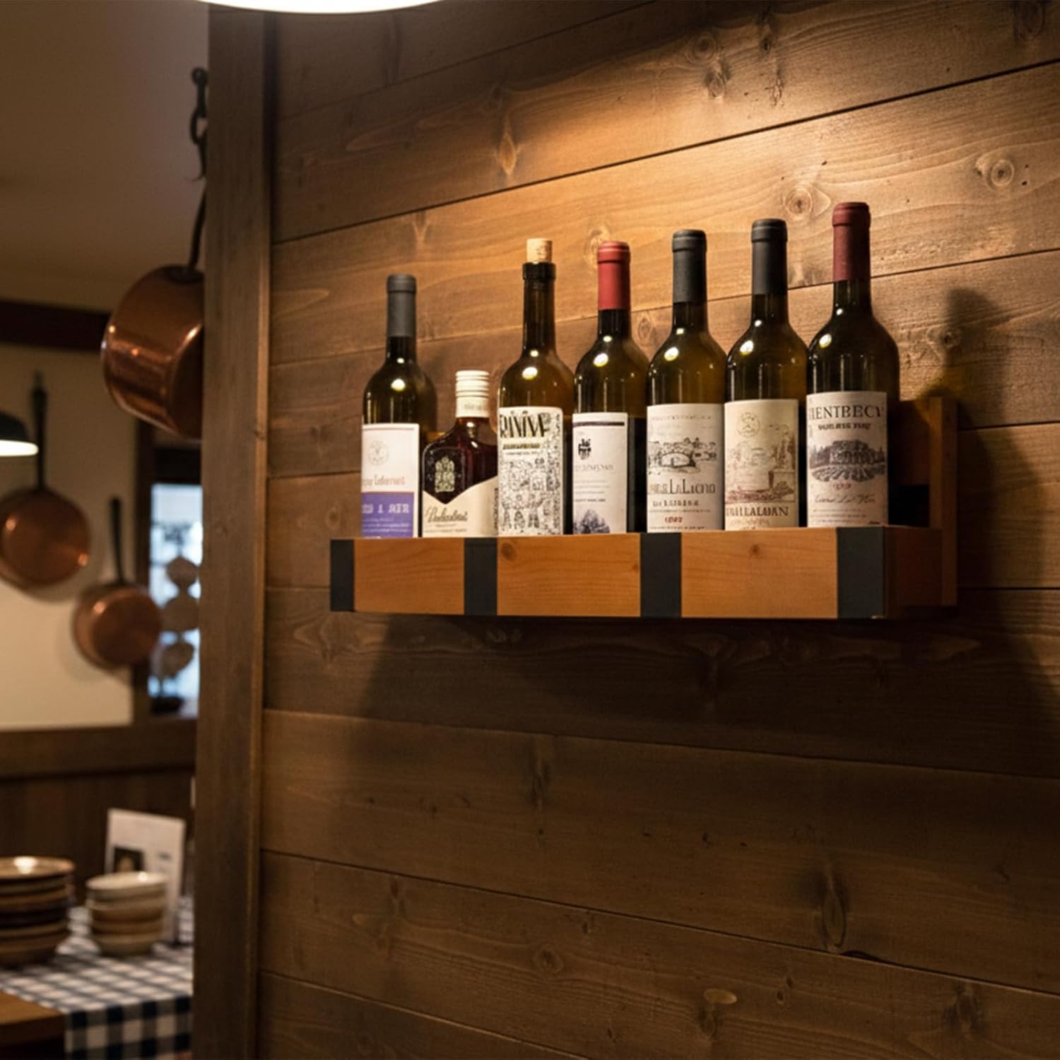 FUIN Wooden Wine Rack Wall Mounted, Wine Bottle Rack & Wine Holder Shelf, Solid Wood Wine Shelf for Kitchen, Dining Room & Home Bar, Space Saving Liquor Bottle Display