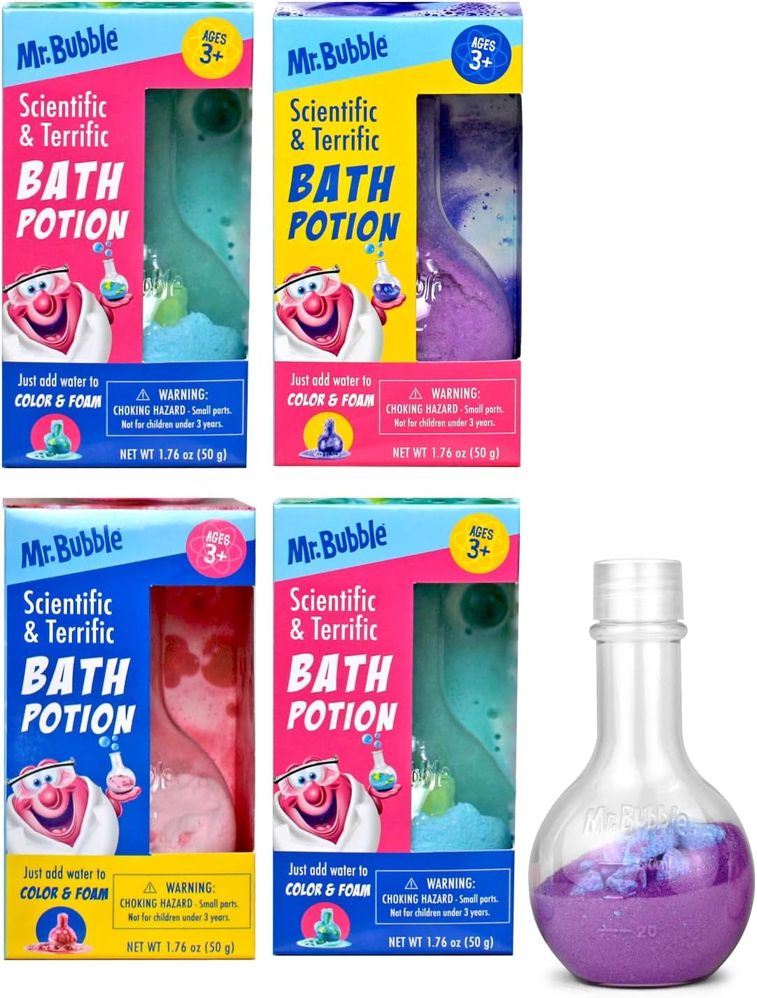 Kids Original Bath Bomb Potions - Colorful Fizzy Fun - Cool Foam and Bubble Science Beaker Bath Toys (Pack of 4)