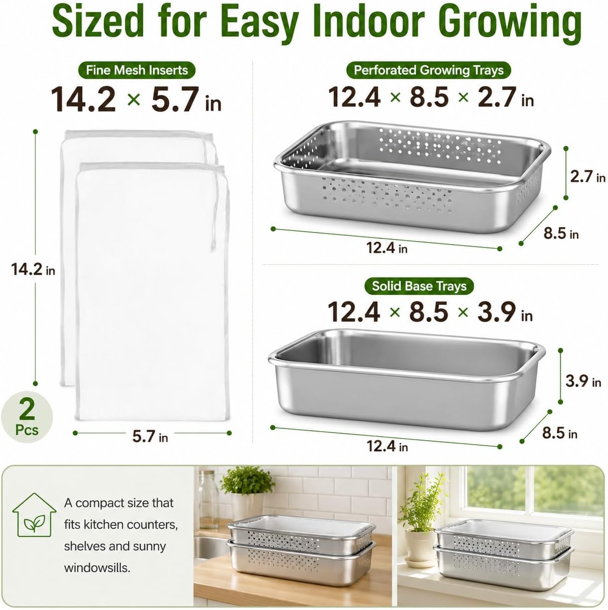2 Pack Stainless Steel Seed Sprouter Tray Kit with Mesh Inserts