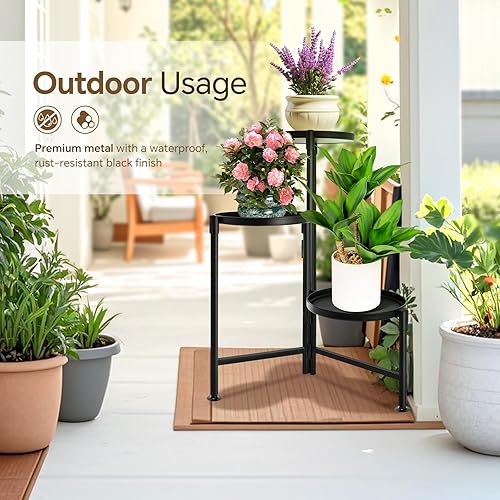 Miniatura 4 de Soporte para plantas de 3 niveles para interior, estante de metal para plantas al aire libre, soporte alto plegable de esquina para múltiples