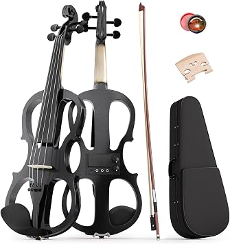 Electric Violin 4/4 Kit, Electric Violin 4/4 Full Size for Adults, Students, Beginner Violins, Full Size Violins Set with Case, Bow, Rosin and Headphones, Black