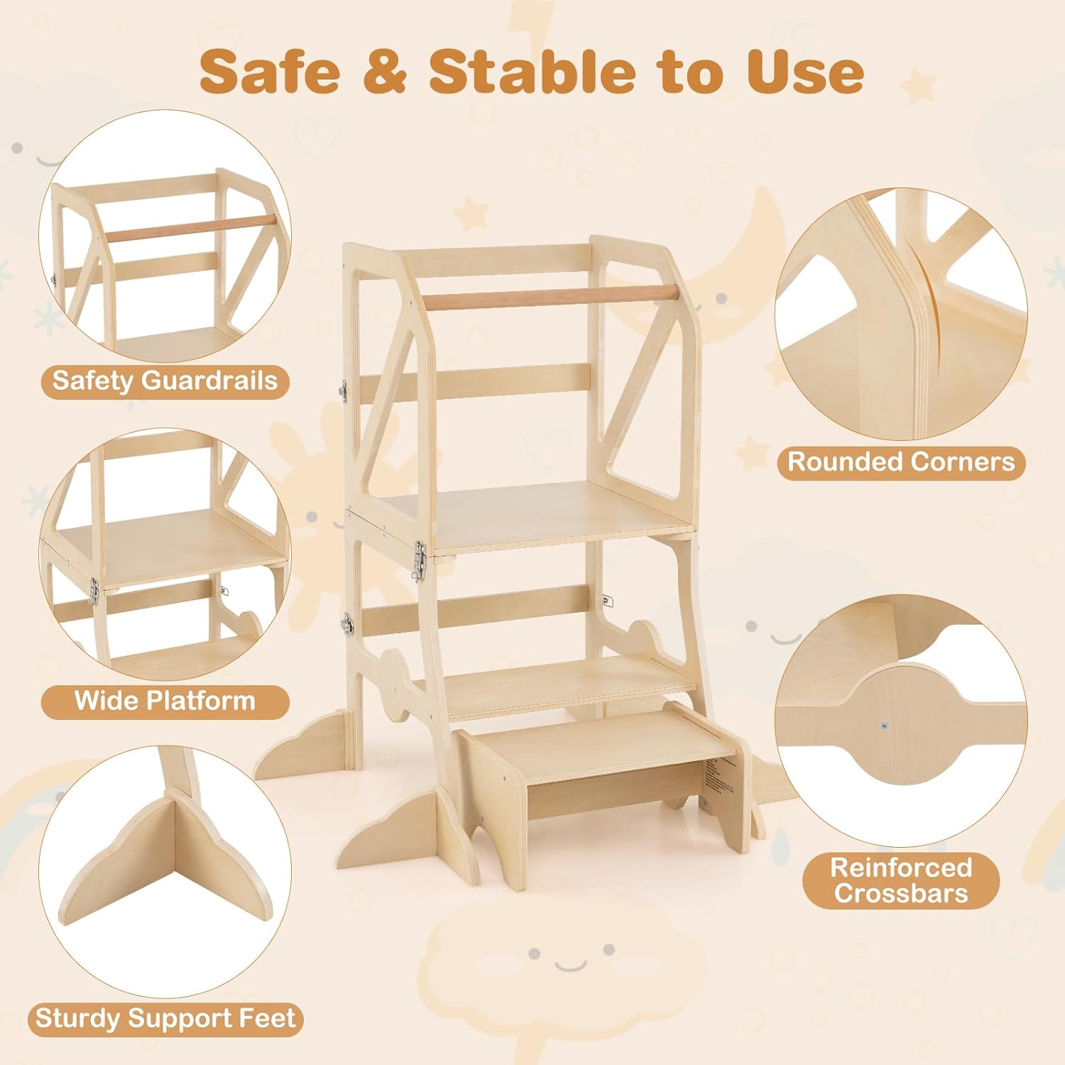 Costzon Convertible Toddler Tower, Wooden Children Table and Chair, Multifunctional Kids Kitchen Step Stool with Removable Safety Bar, Gift for Boys & Girls Aged 3+