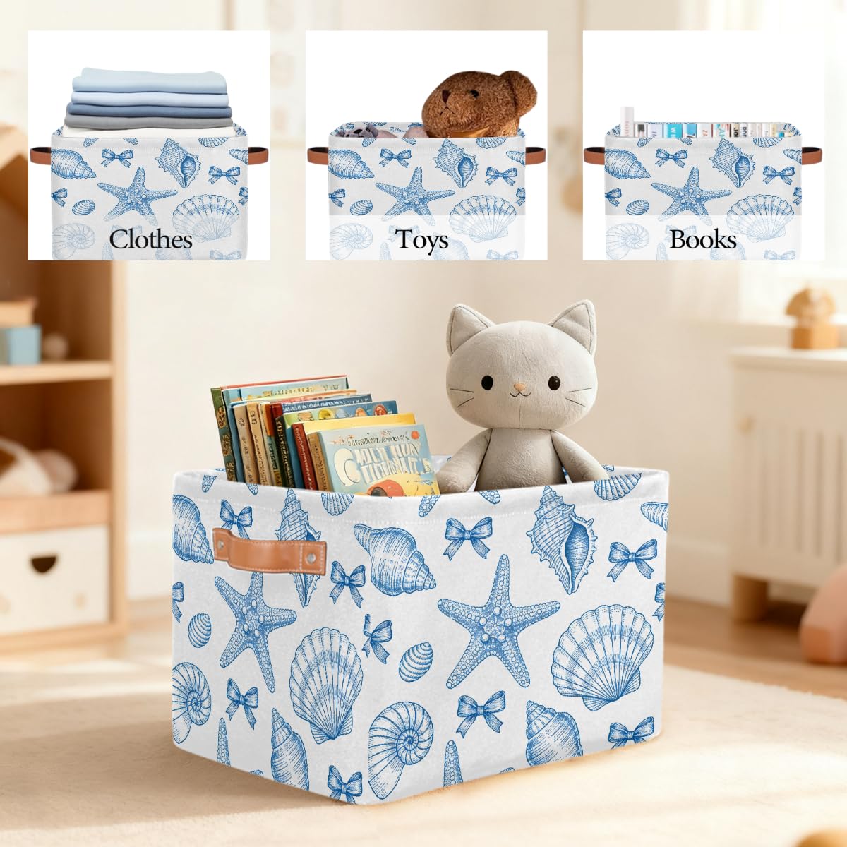 Line Art Rechteckiger Aufbewahrungskorb mit Muscheln und Seesternschleifen, 2 Stück, faltbarer Stoff-Aufbewahrungskorb für Schrank, Badezimmer, Wohnzimmer, Büro, Spielzeug, Organizer