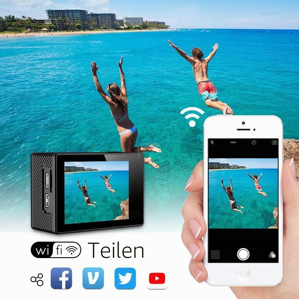 AKASO Action Cam 4k30FPS 20MP - Unterwasserkamera 170°Ultra Weitwinkel Full HD WiFi Action Kamera mit 2 Zoll LCD Bildschirm 2.4G Fernbedienung und 2x1050mAh Akkus