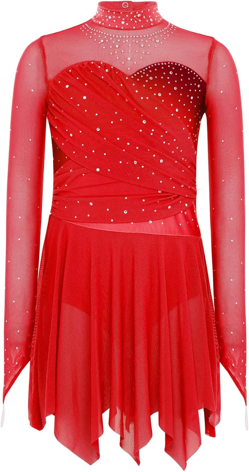Hansber Kids Girls Sparkly Long Sleeve Figure Ice Skating Dress Lyrical Ballet Dance Leotard Dress for Competition