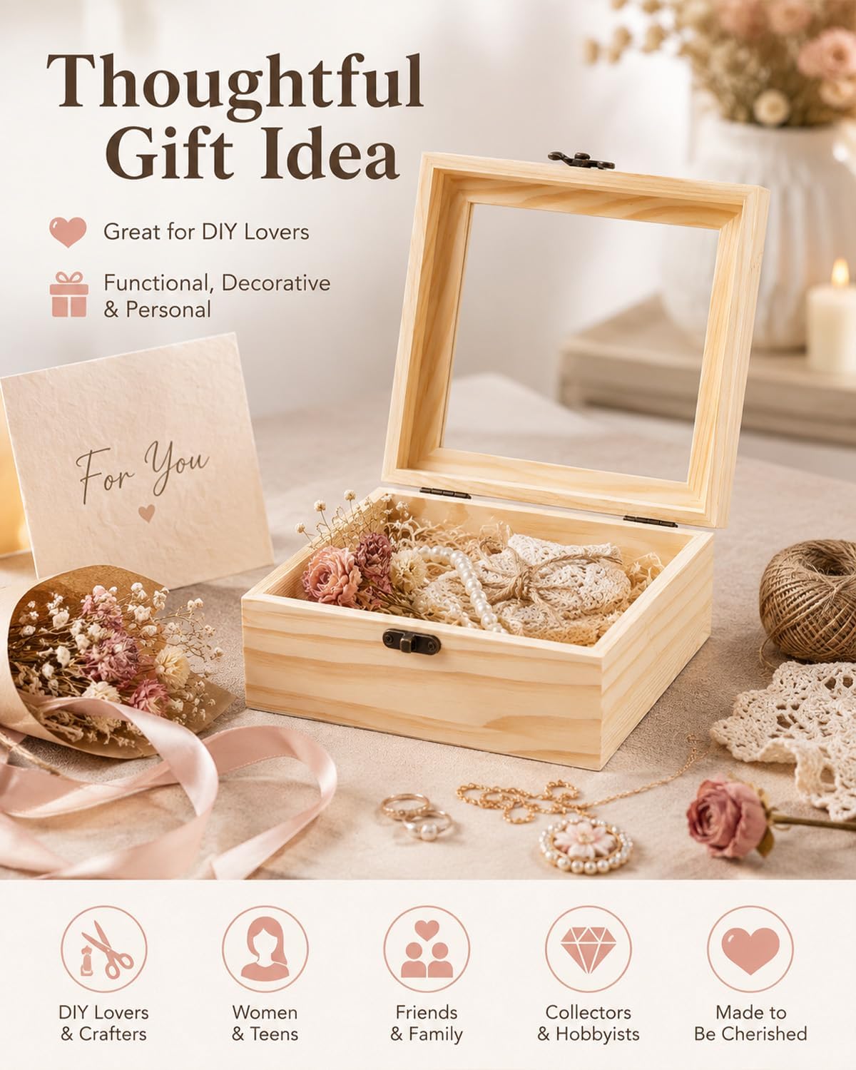 Wood Box, Small Wooden Storage Container, Lid Unfinished Wood Box Natural Diy Craft Art, Hobbies (7 x 7 x 2.8 In) image 3