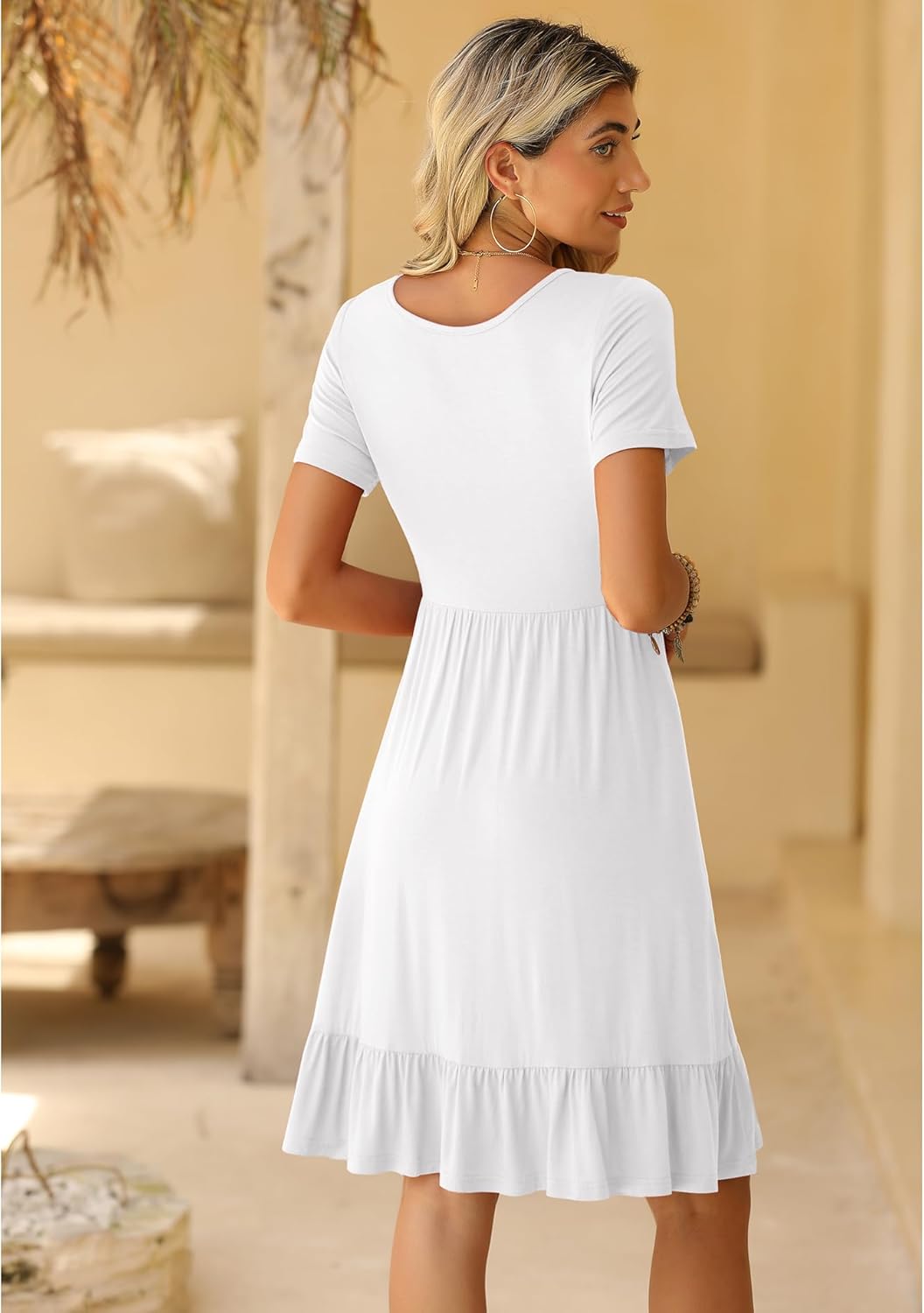 LILBETTER Round Neck Knee Length Dress for Women with Pockets Casual Summer Short Sleeve Pleated Ruffle Hem Short Dress - Image 5