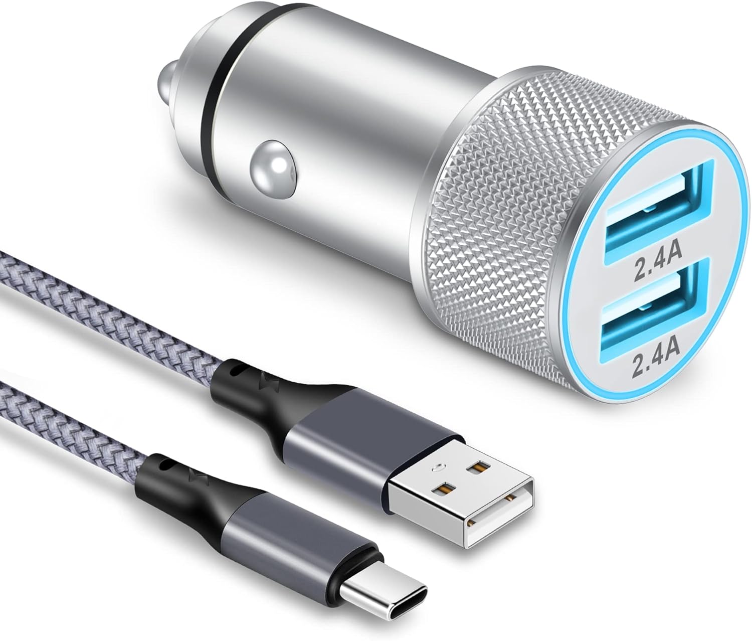 MatauMahi Adaptador Cargador Coche con USB C Cable, Mechero USB 2 Puertos 5V2,4A y Cable Tipo C Trenzado de Nailon, Enchufe USB 12V/24V Compatibile con Samsung Galaxy, Xiaomi, Google Pixel, OPPO, etc.