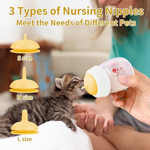 Pet Feeding Bottle,3 Pack 60ml Nursing Bottle, 3 Sizes Nipples with Ventilation Valve Resistant Tearing Perfect for Puppies, Kittens, Small Wildlife(Yellow)(yellow)