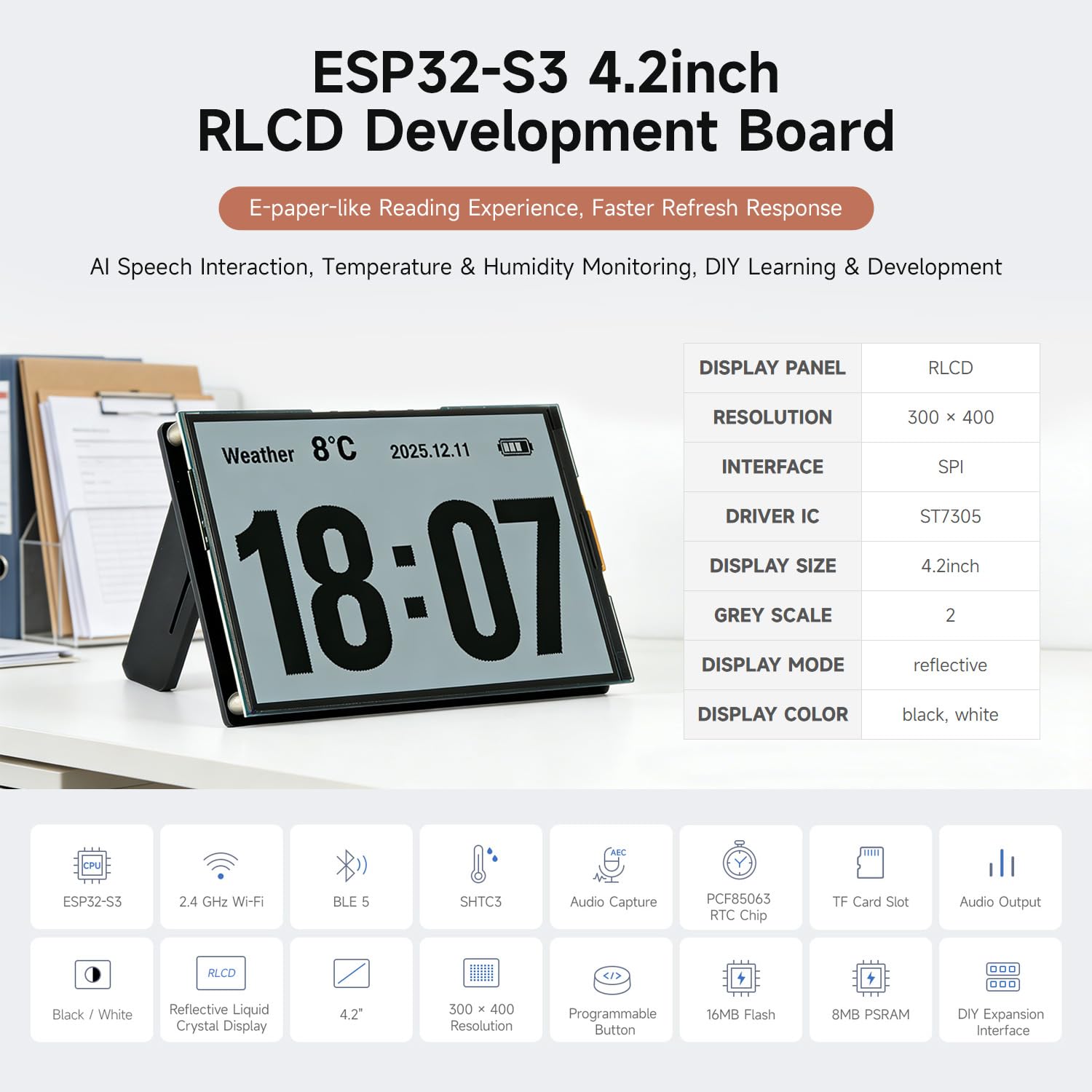 Waveshare ESP32-S3 4.2inch RLCD Development Board, 300 x 400 Resolution, Supports Wi-Fi & BLE Dual-Mode Communication And AI Voice Interaction, without Batt