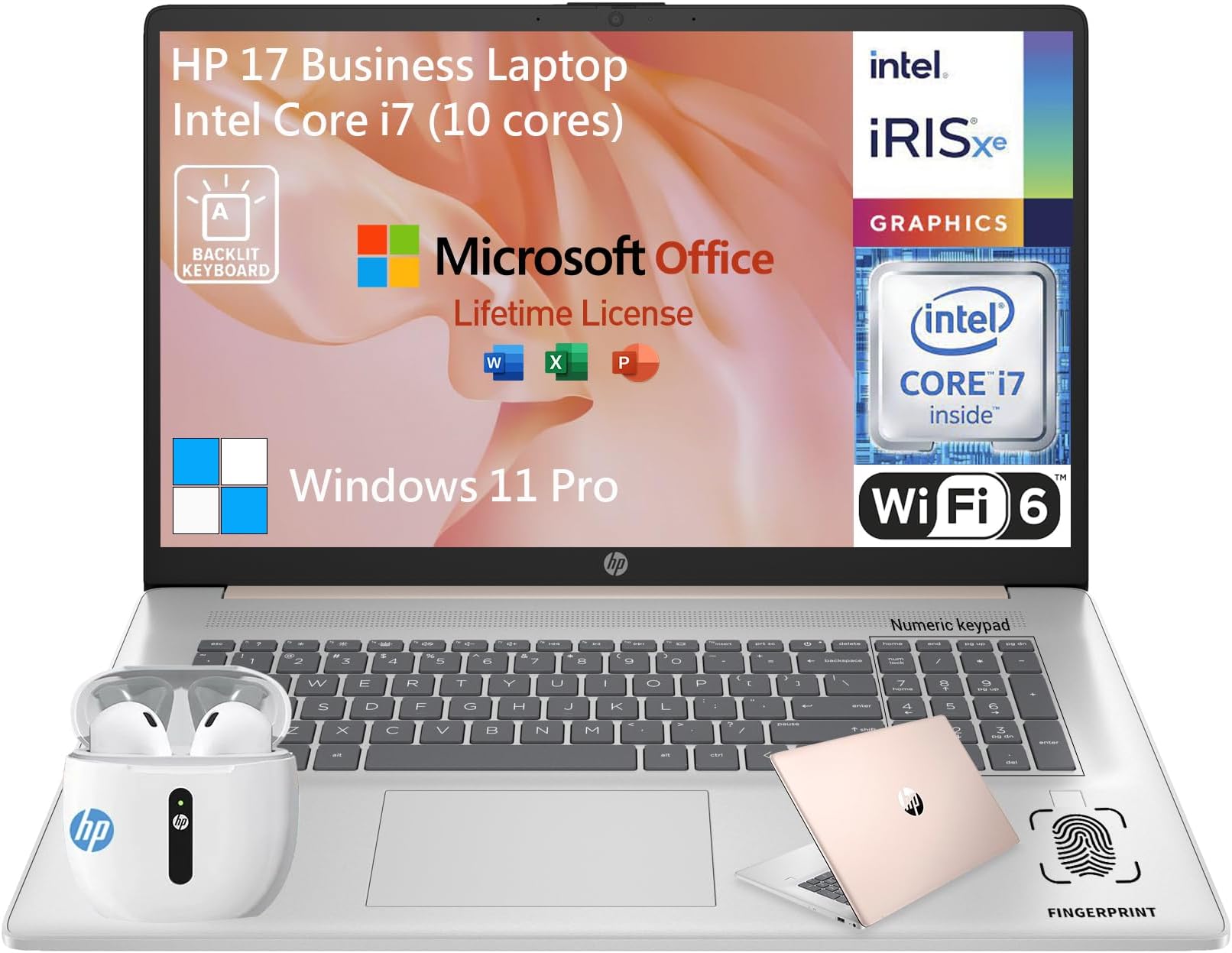HP17 Touchscreen Laptop PC, 17.3 Inch HD+ Touch Screen Business Laptop Computer,Intel Core i7,Windows 11 Pro, 16GB RAM 512GB SSD+512GB Docking Set,Lifetime Office,10 Key|Backlit|Fingerprint,Rose Gold