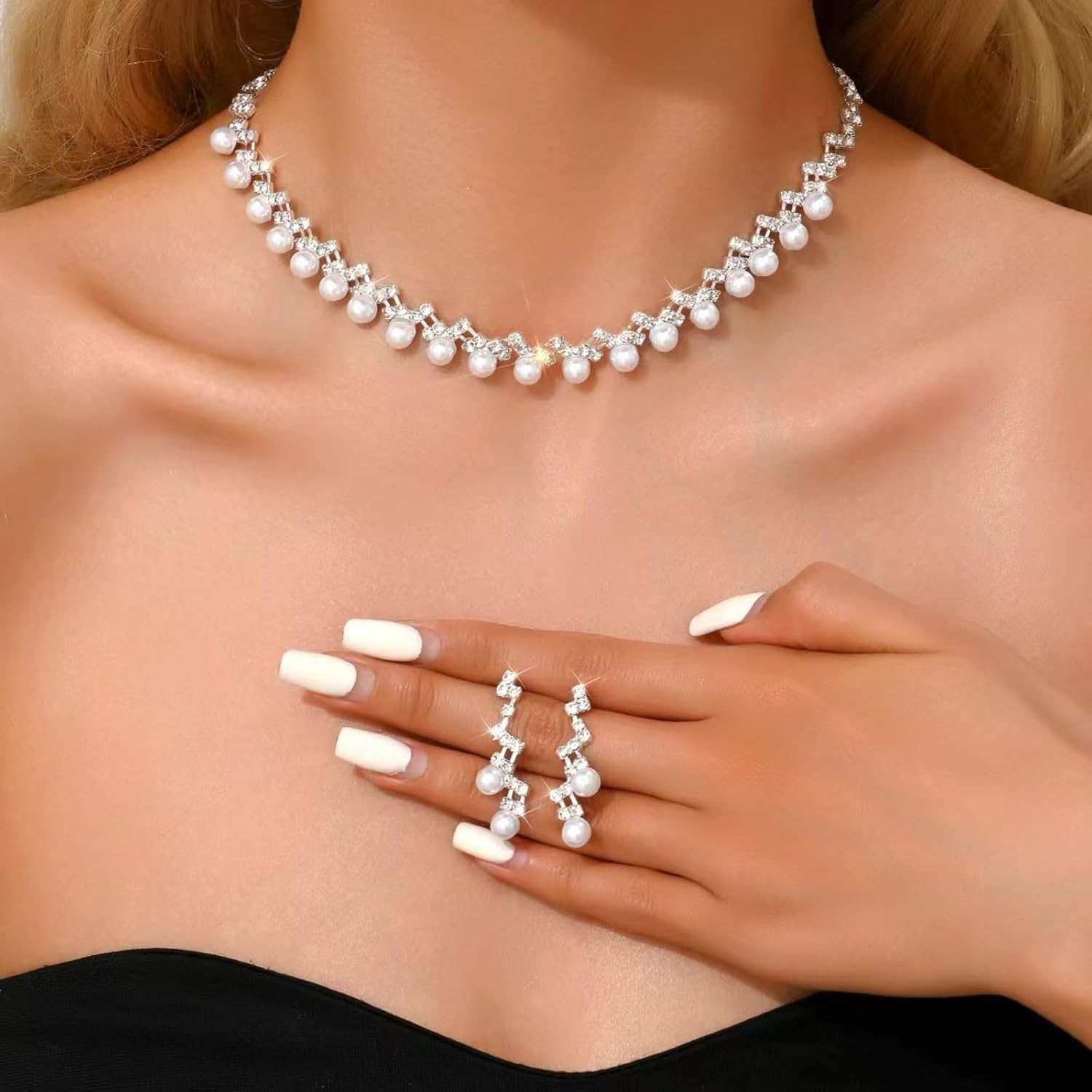 Pearl Necklace and Earring Set for Women Pearl Rhinestone Necklace Cubic Zirconia Earring Sets for Bride Bridesmaid Wedding Prom Party Jewelry - Image 7