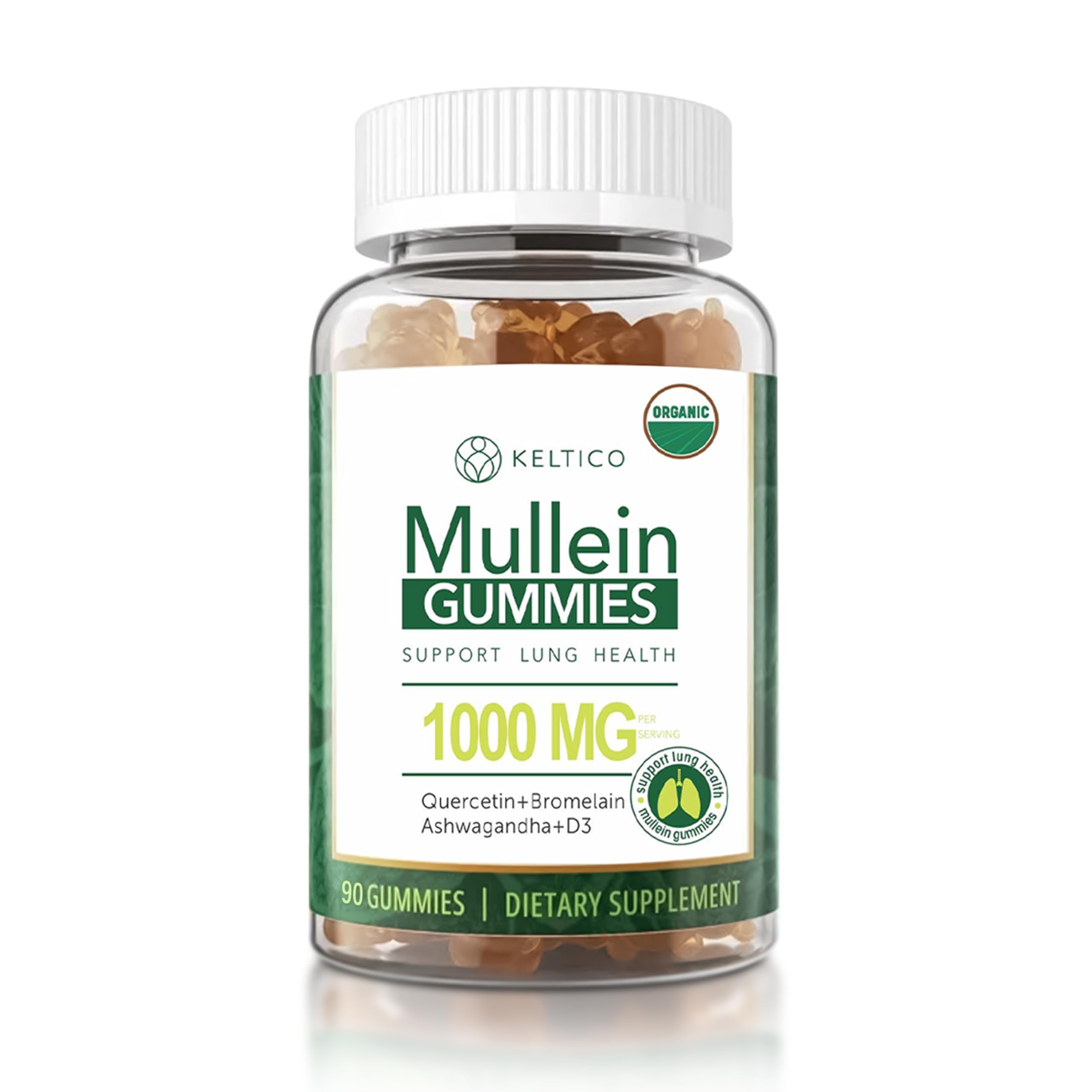 Mullein Gummies for Lung Health - 1000mg Mullein - 200mg Ashwagandha - 400mg Quercetin - Bromelain - Natural Mucus Relief & Respiratory Support- Vegan Supplement-90 Gummies- 45 Day Supply-Keltico