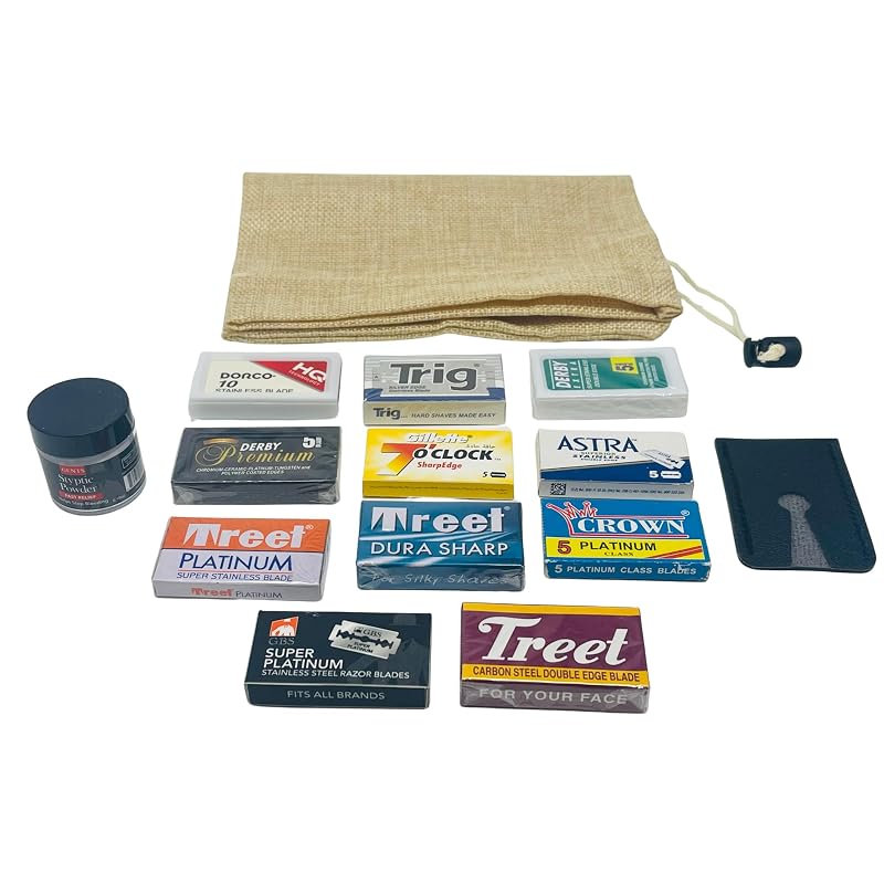 G.B.S GENTS Lâminas de Barbear Double Edge para Aparelho de Segurança com Pó Hemostático e Estojo de Couro, 80 unidades