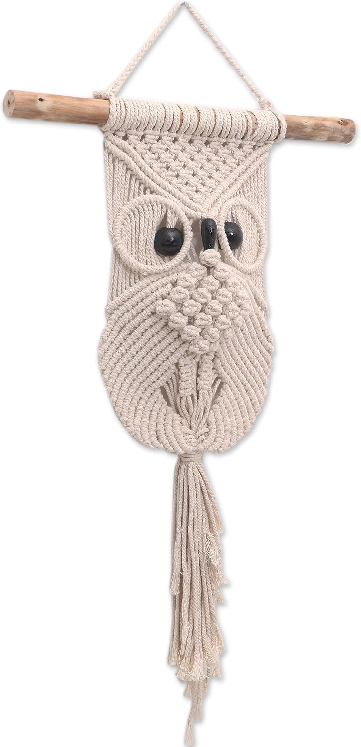 NOVICA Artisan Handmade Cotton Macrame Wall Hanging Owl with Albesia Wood Accents Ivory Cotton Wood Indonesia Decor Animal Themed 'Steady Owl'