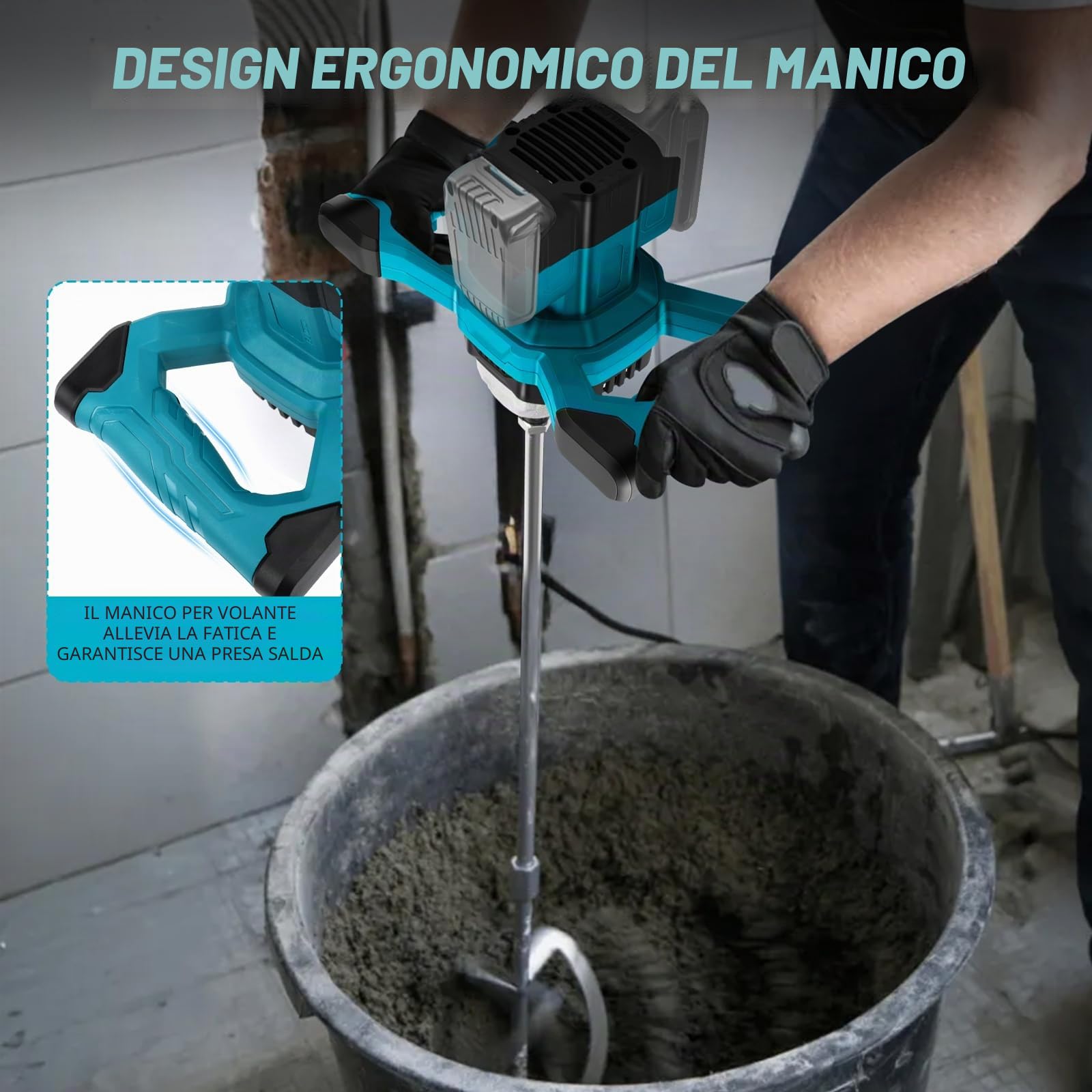 Miscelatore senza fili per vernice e calcestruzzo compatibile con batteria Makita 18 V, miscelatore elettrico a pagaia con 6 velocità, 2 fruste, per miscelare malta per mangimi (senza batteria)
