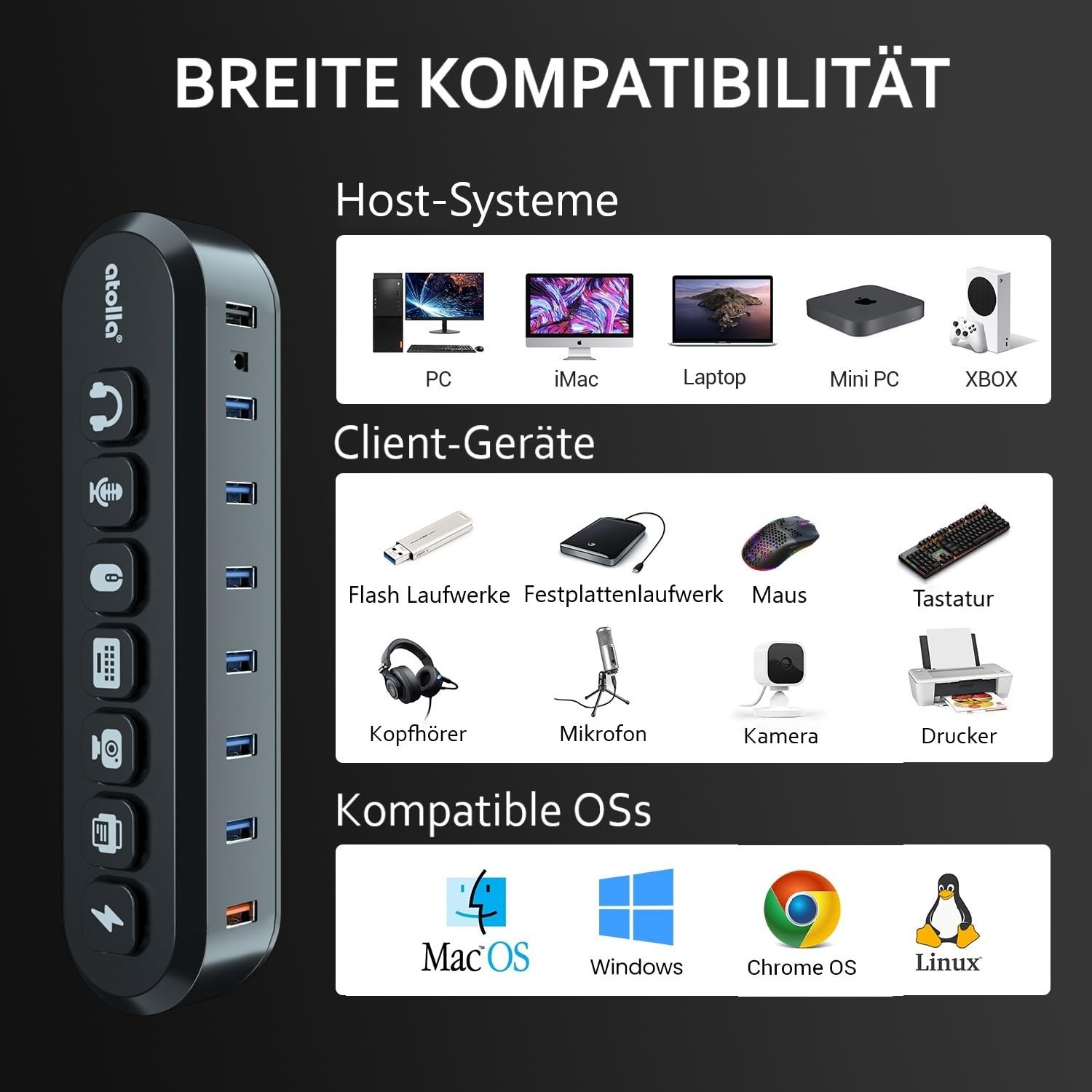 Hub USB avec bloc d'alimentation 36 W, hub USB 3.0 actif atolla 5 Gbps et 1 port de charge rapide, hub USB actif 3.0 avec adaptateur d'alimentation 12 V/3 A (câble de 1,5 m) et boutons marche/arrêt