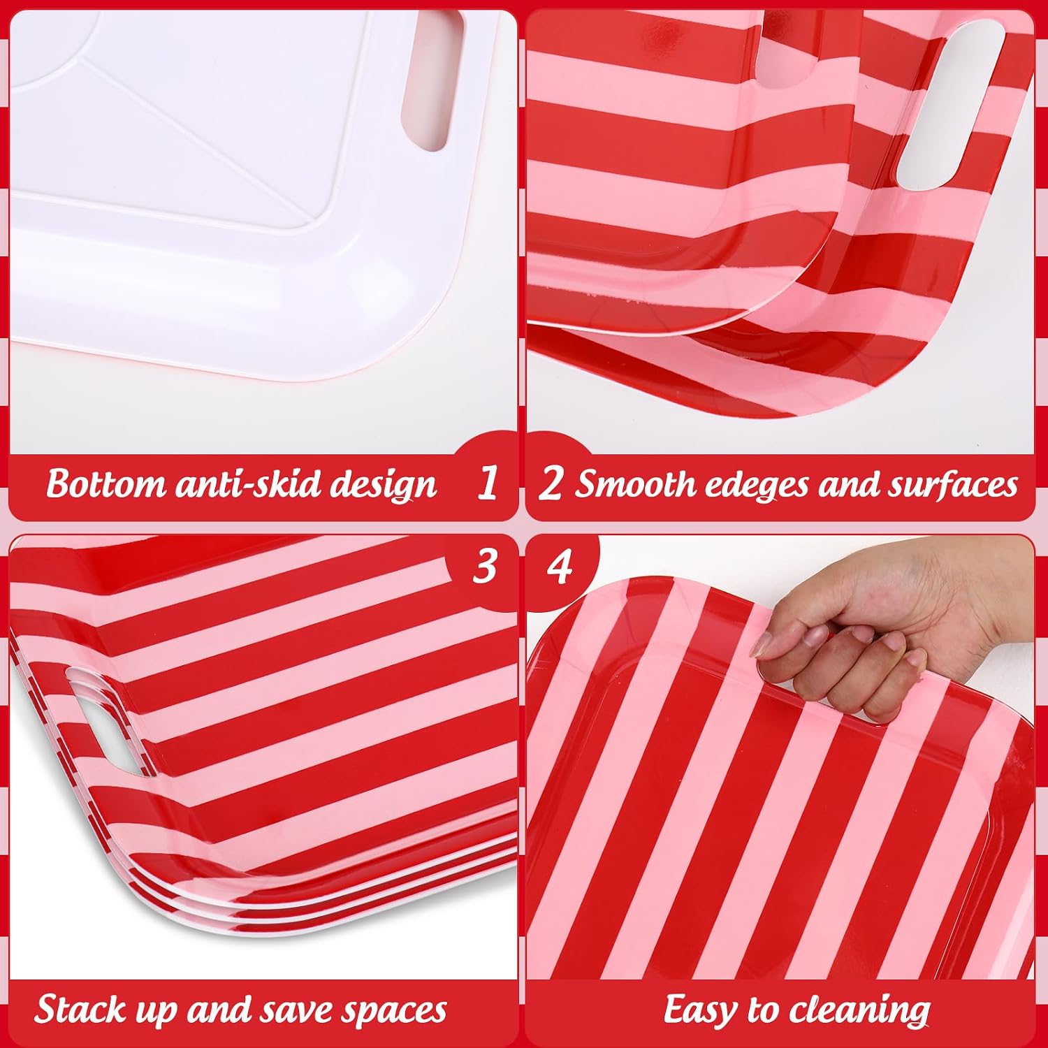 Whaline 3 Pcs Stripe Serving Trays Melamine Platter Red Pink Serving Dishes for Baby Shower Wedding Party Sharing Food Supplies, 16.5 x 11 Inch
