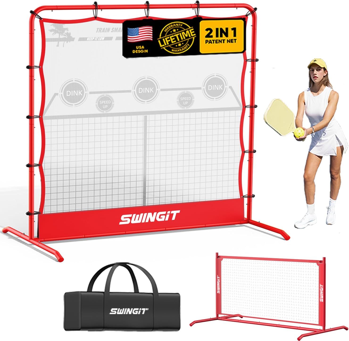 SwingIt Pickleball Practice Rebounder Net 6FT Mini Pickle Ball Net Portable for Outdoor Driveway Backyard and Indoor Garage 2in1 Training Equipment for Dink Volley Tennis Practice Rebounder