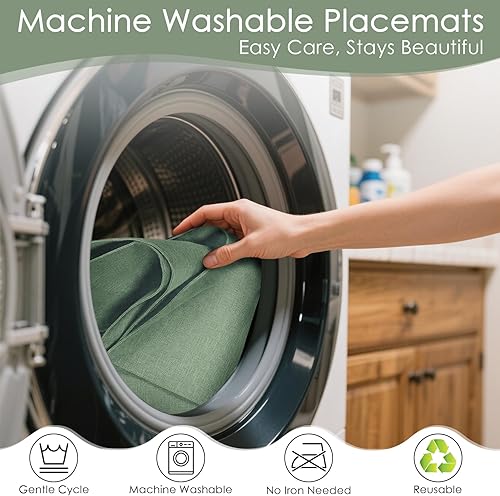 Miniatura 6 de MANSPHIL Juego de 6 manteles individuales de tela verde salvia, de doble capa, de lino sintético, resistentes al calor, lavables, para comedor,