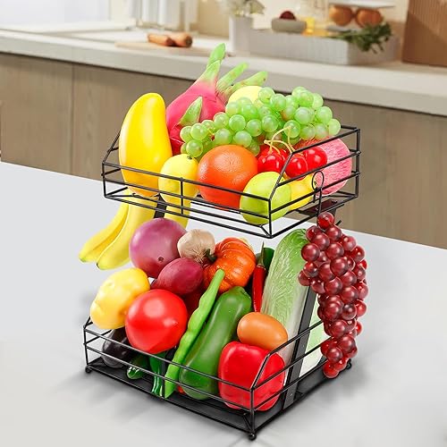 Miniatura 6 de Cesta de frutas de 2 niveles con 2 ganchos para plátanos, organizador de cesta de frutas de alambre de metal para encimera de cocina, soporte