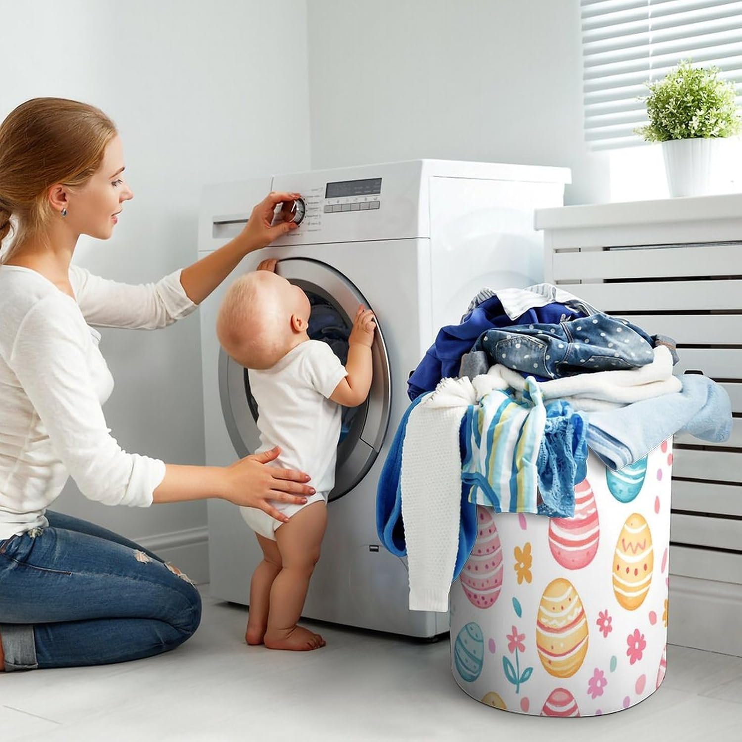 Easter Eggs Colorful Stripes Dots Laundry Hamper Basket for Home Bathroom | clothes storage,handle,large capacity,oxford