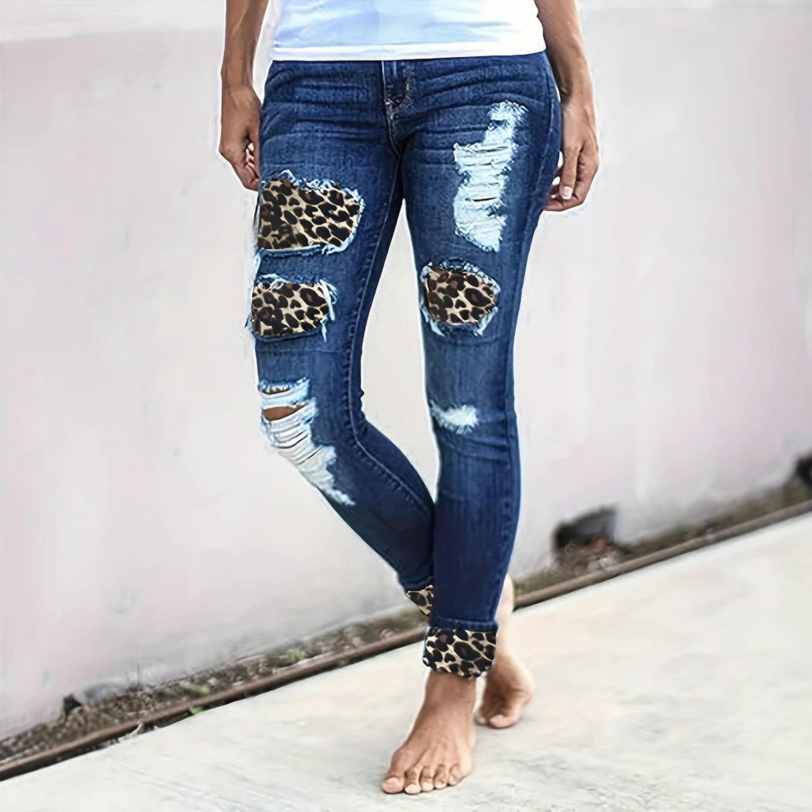 Jeans da Donna Strappati Donna, Skinny Vintage, Pantaloni A Gamba Dritta Taglie Forti, Pantaloni-Blu-l