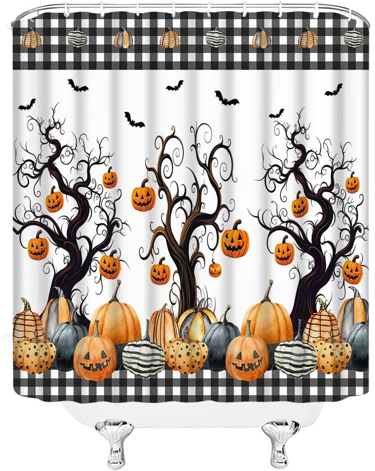 Halloween Shower Curtain Gothic Fall Pumpkin Dead Tree Bat Thanksgiving Harvest Black White Plaid Spooky Holiday 70" WX96 H Bathroom Decor Fabric Curtain with Hooks