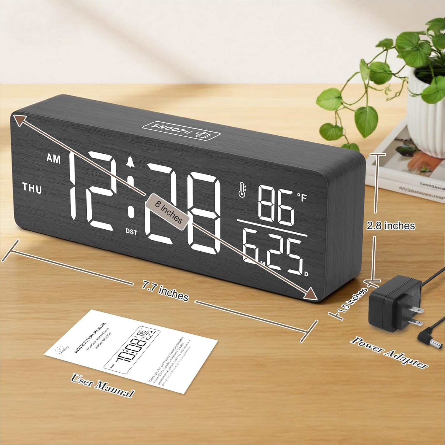 DreamSky Wooden Digital Alarm Clocks for Bedrooms – Large Display Desk Clock with Date & Day of Week for Living Room, Temperature, Dimmer, Adjustable Volume, Auto DST, Office Wood Décor (Plug-in)