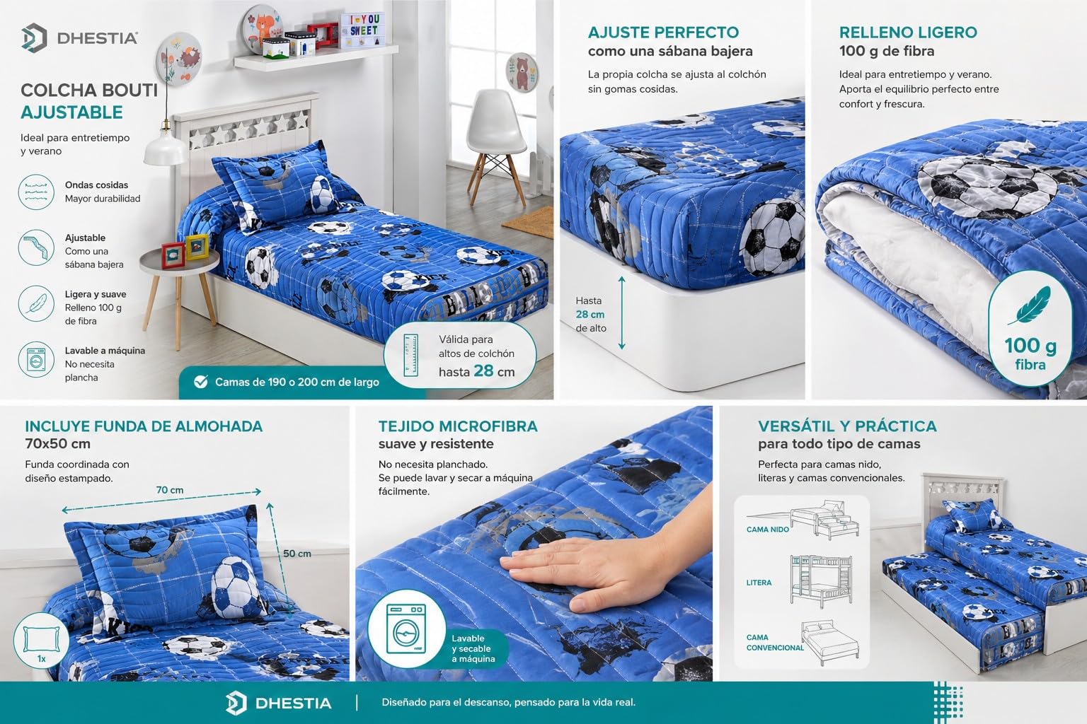 DHESTIA HOME Colcha Bouti Ajustable Cama Nido Infantil y Juvenil de Verano Fútbol Quick Color Único Talla Cama 105