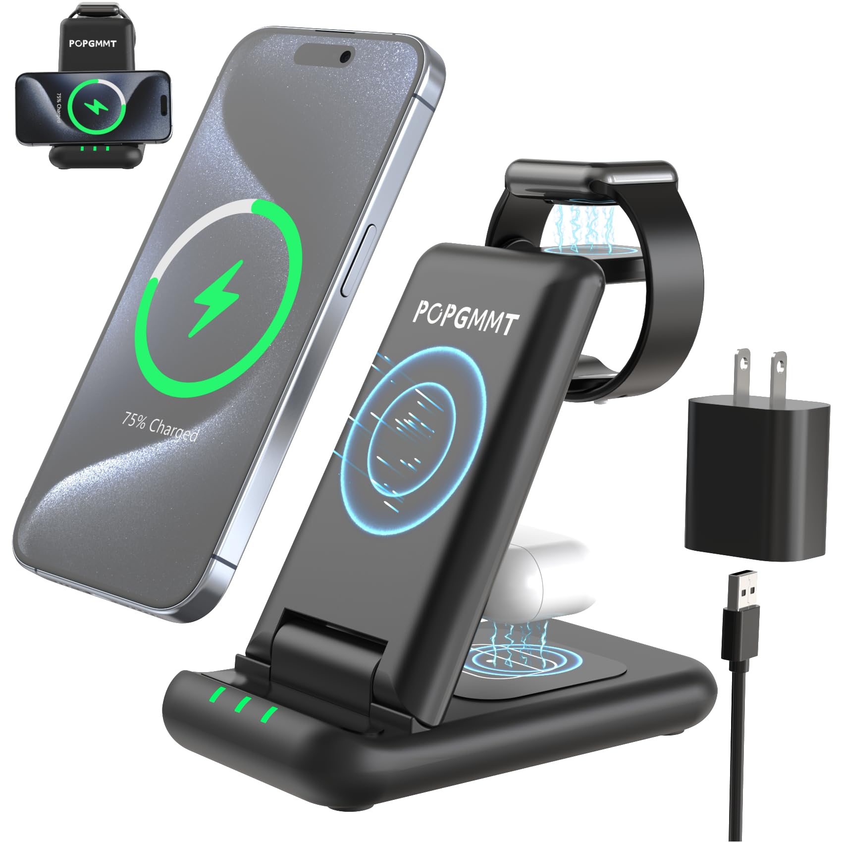 3 in 1 Magnetic Wireless Charging Station,18W Fast Mag-Safe Charger Stand for iPhone 15 14 13 12 Pro/Pro Max/Plus,Wireless Charging Stand Made for Apple Watch for AirPods (for iPhone)