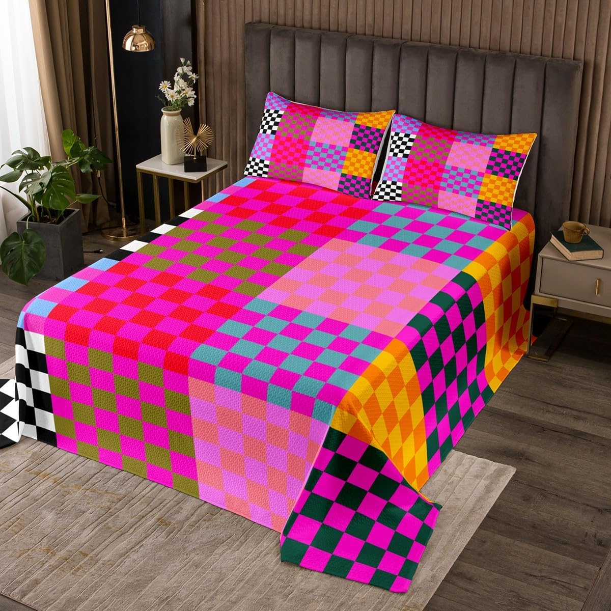 jejeloiu Checkerboard Grid Bedspread 2Pcs Twin Size Kids Classic Plaid Coverlet Set for Boys Girls Clear Orange Quilted Coverlet,Microfiber