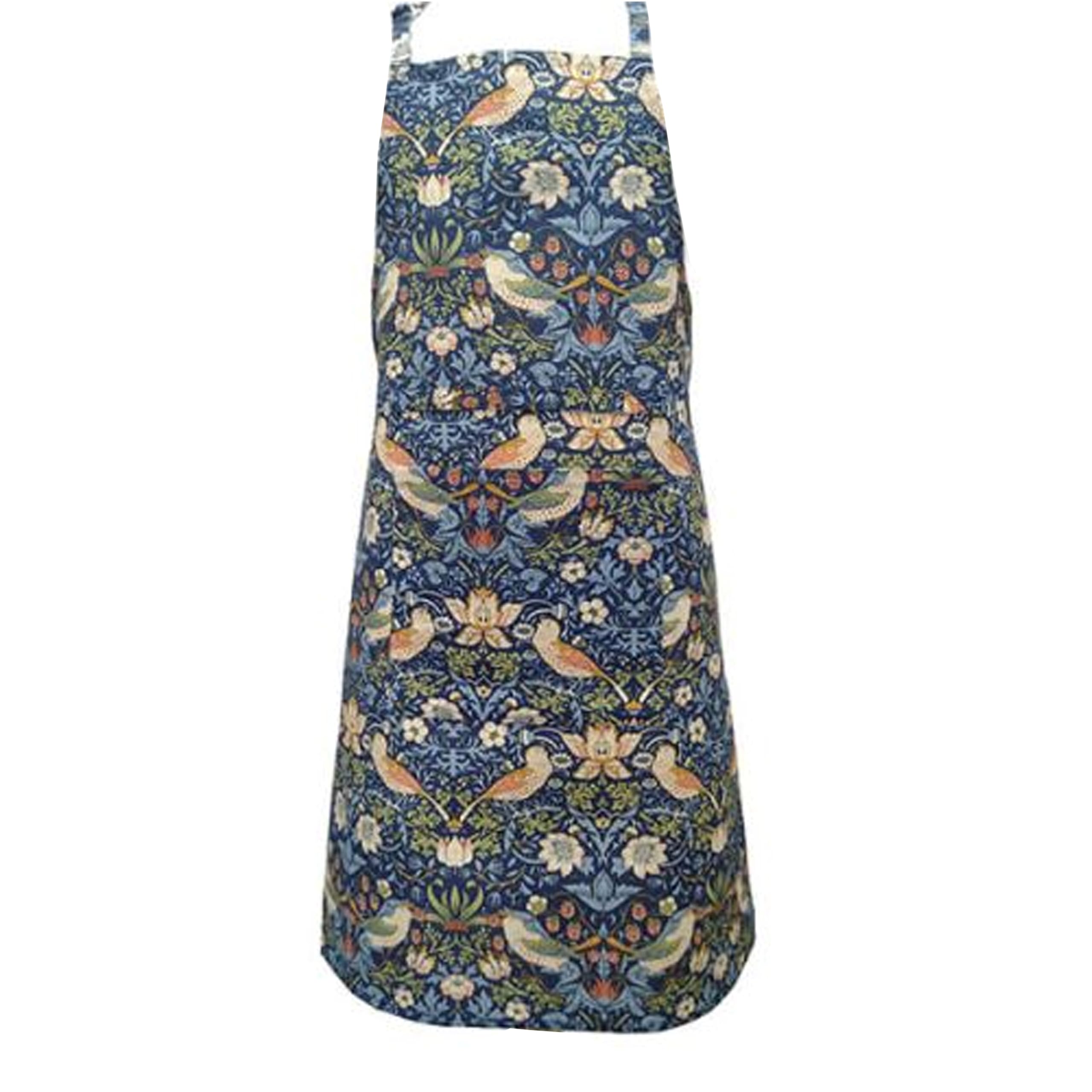 Auntie Morags Le Chateau William Morris Navy Blue Strawberry Thief Cotton Apron - Kitchen Linens Gifts - Adjustable Halter Neck Adults Apron