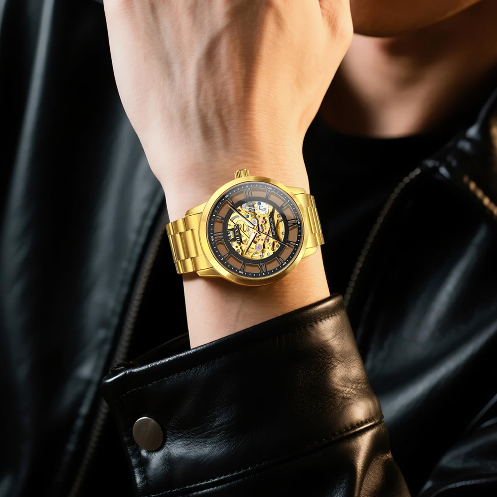 OLEVS Orologi automatici da uomo 43 MM scheletro grande quadrante 3 lancette orologio a carica automatica in acciaio inossidabile vestito di lusso meccanico impermeabile luminoso orologio da polso