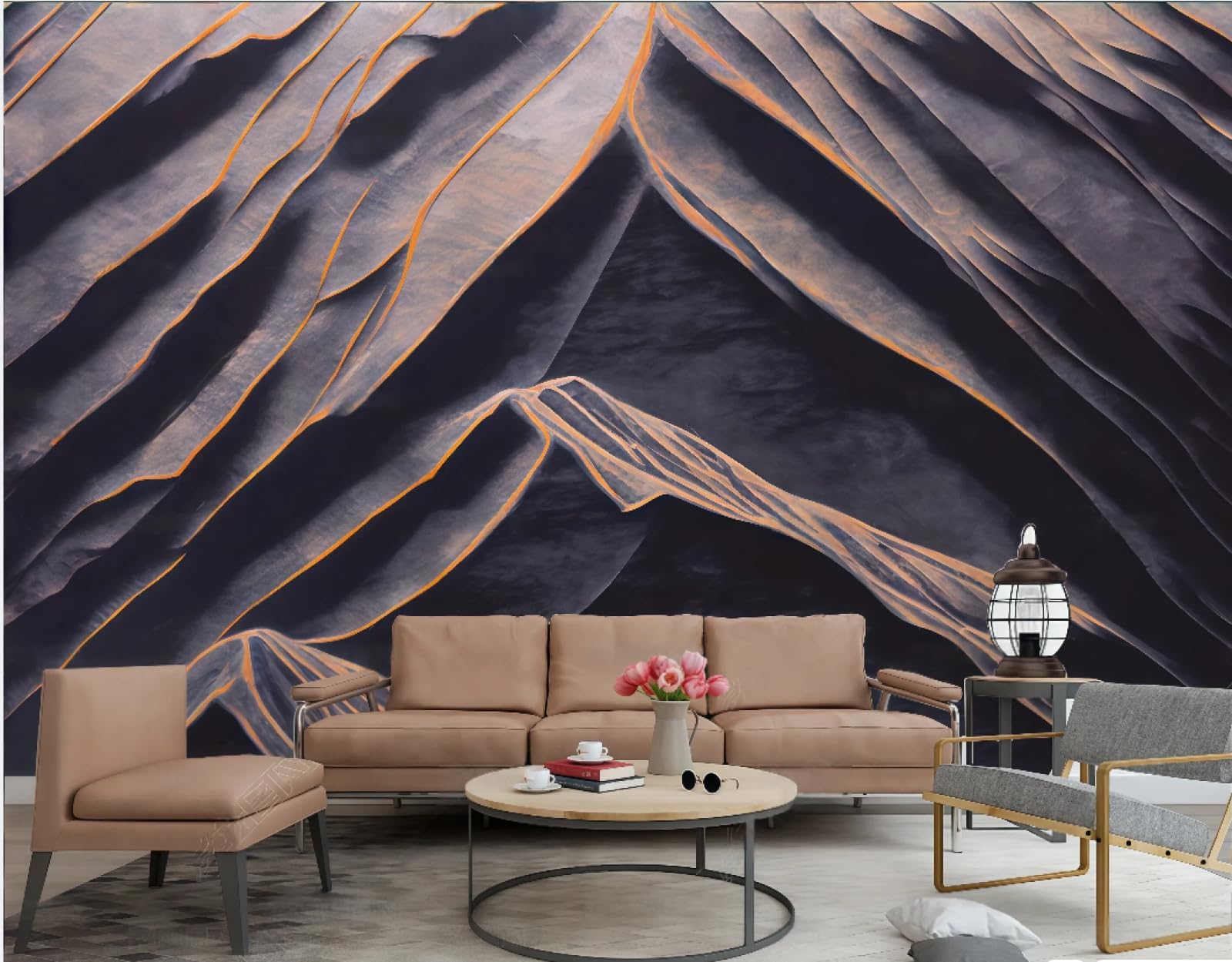 Tapeta nowoczesna minimalistyczna sztuka trójwymiarowa złota linia wytłoczony szczyt górski wzór skały telewizor sofa tło tapeta ścienna salon restauracja kawiarnia ścienna, 3D, 300 x 210 cm