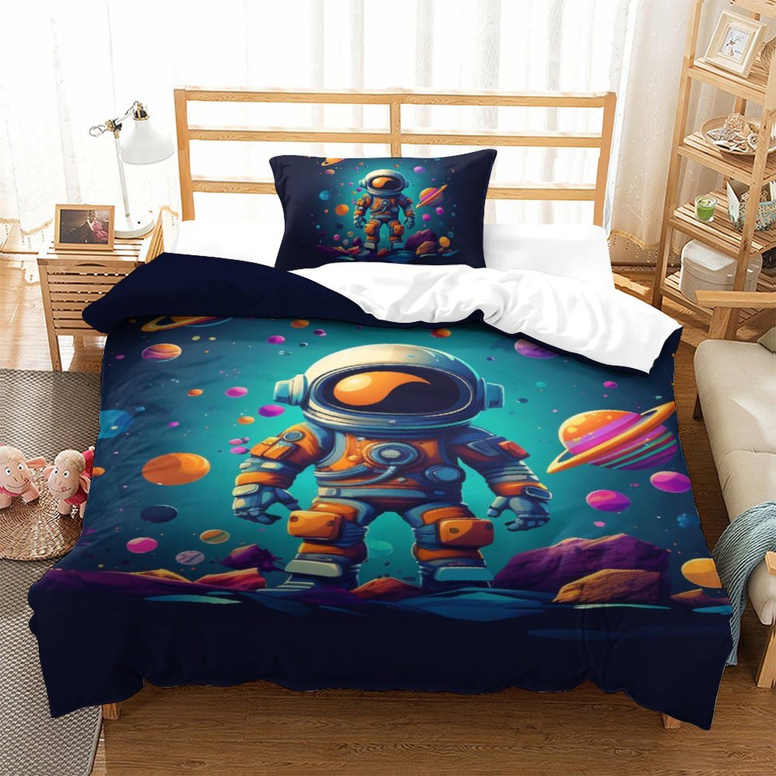 Housse de couette astronaute 135x200 microfibre avec taie d'oreiller pour lit simple
