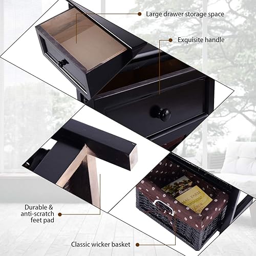 Miniatura 5 de Giantex Mesita de noche de madera de 3 niveles con 2 cestas y 1 cajón, organizador de almacenamiento para el hogar, sala de estar, dormitorio, mesa