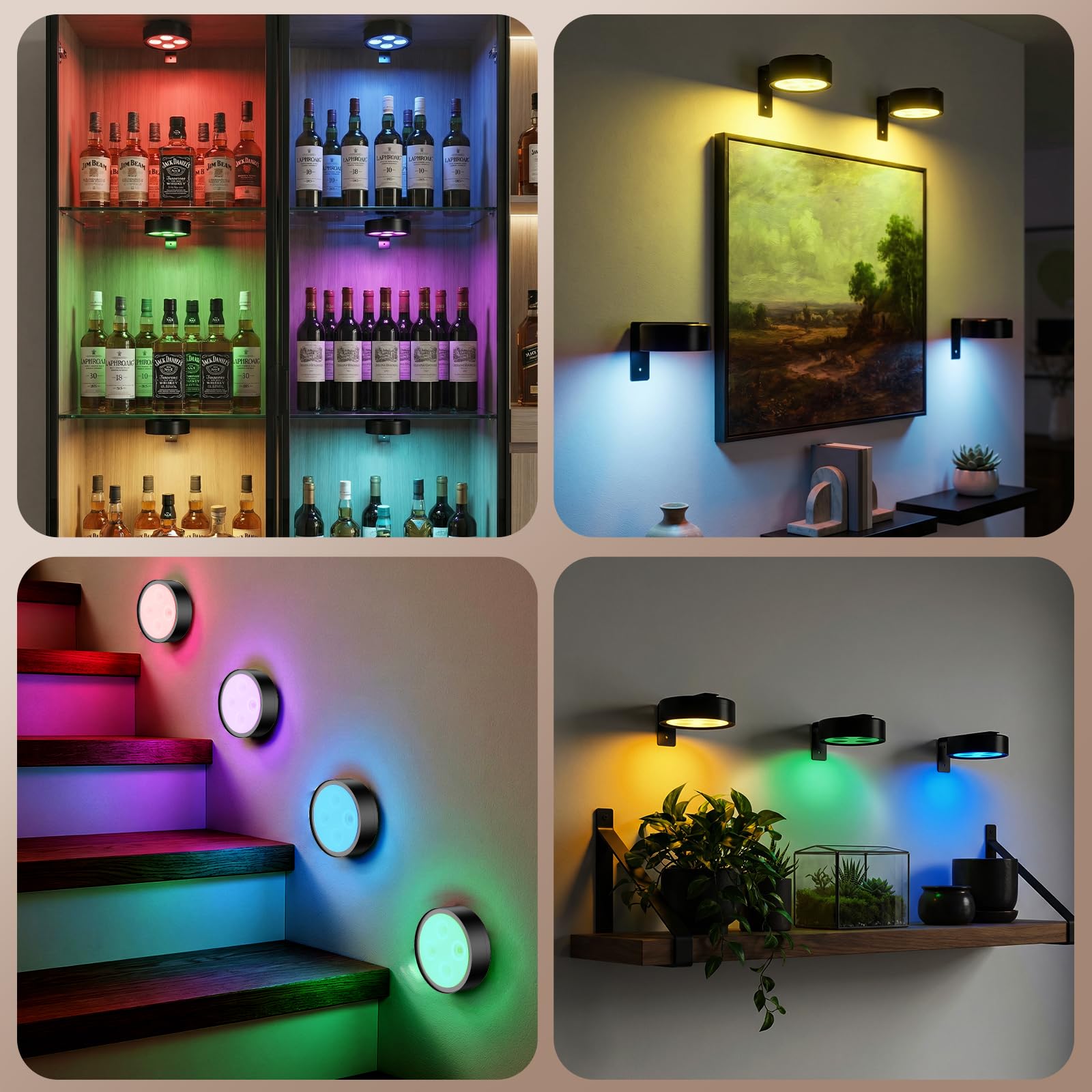 Aplique Luz para Cuadros sin Cable, 13 RGB Luces LED Magnéticas Inalámbricas Recargables, 3PCS, 451LM, Doble Control Remoto/Modo Pulsador, Lámpara de Pared para Cuadros y Pinturas (Negro)