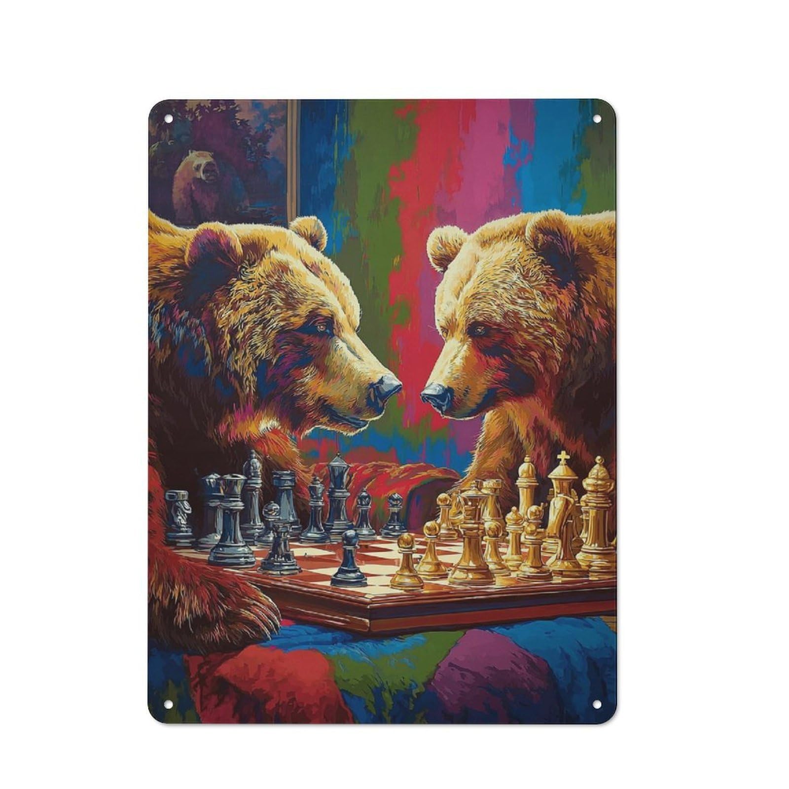 Junmoney Bears In Chess A Strategic Encounter Tin Sign 40X30cm With For Workshop Wall, Vintage Decor, Gift For Workshop Decor Fans During The Christmas Season
