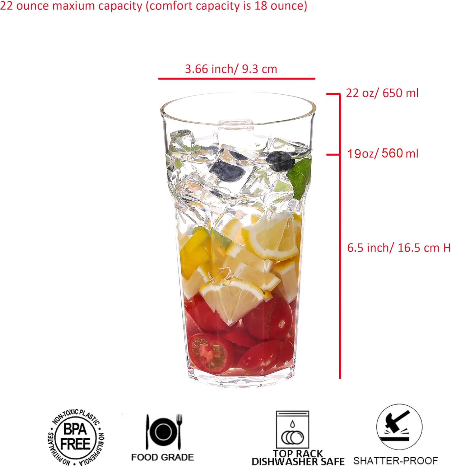 Classic 15-Ounce and 22-Ounce Plastic Tumblers, Acrylic Drinking Glasses, Reusable Plastic Cups, set of 8 Clear, Stackable, BPA-Free, Shatter-Proof, Dishwasher-Safe - Image 3