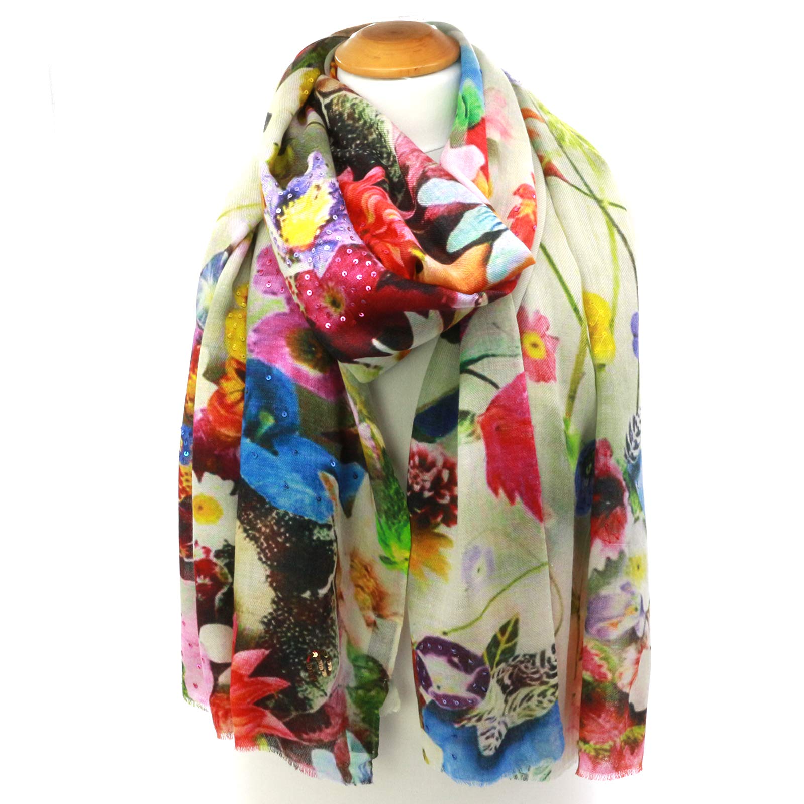 Mooilo, cachemira, seda, bufanda, moda de lujo, para mujer, cachemira, mar de flores con lentejuelas, diseño fabricado en Alemania, Blanco, rojo, azul., Talla única