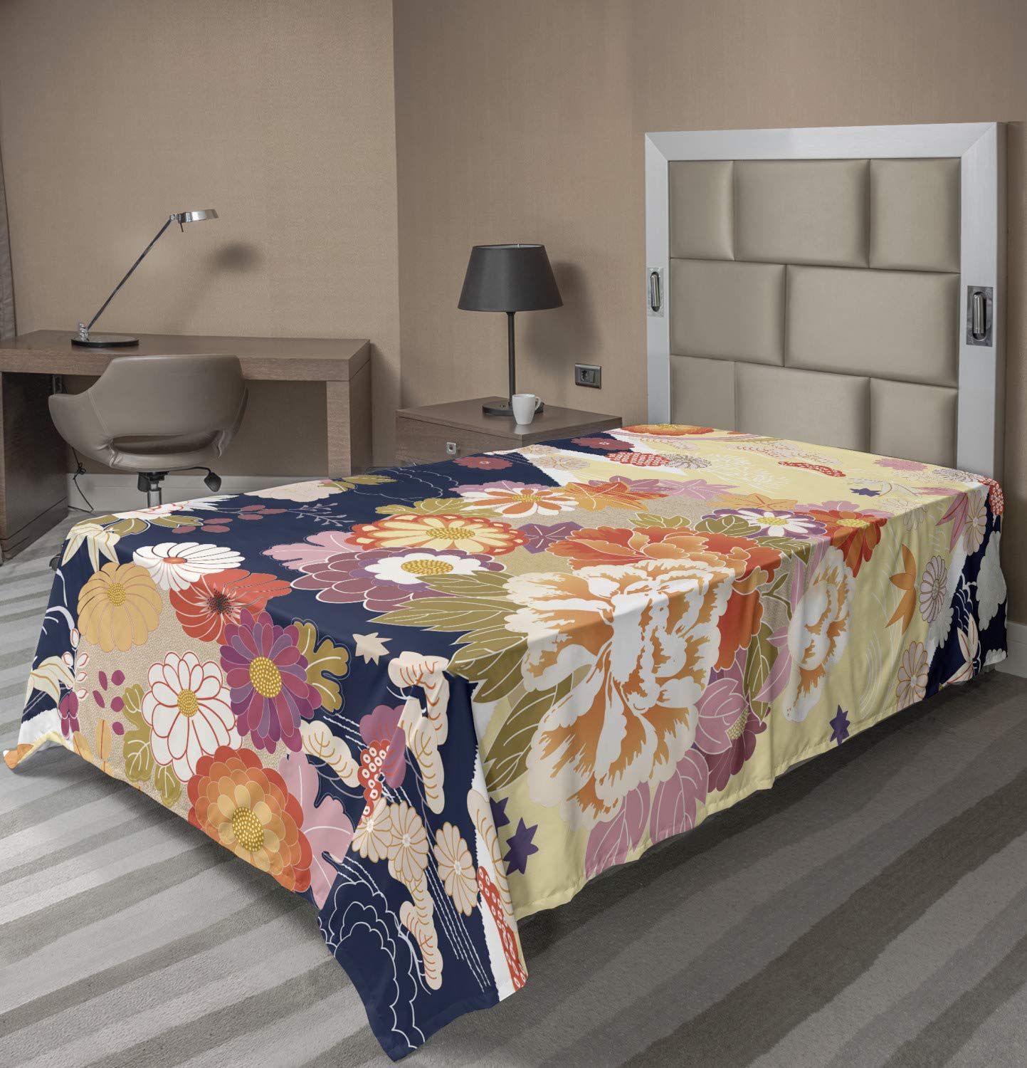 Lunarable Oriental Flat Sheet, Kimono Motif Japanese Blooming Floral Montage Edo Culture Land of The Rising Sun, Soft Comfortable Top Sheet Decorative Bedding 1 Piece, Twin Size, Navy Cream
