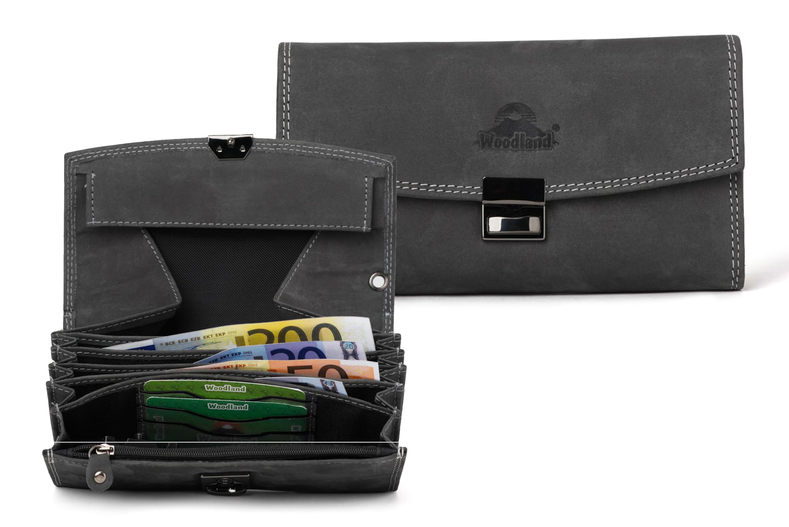 Woodland® Portefeuille de serveur avec fond renforcé dans le grand compartiment pour pièces de monnaie en cuir de buffle souple et naturel, anthracite, L x H x T (cm) = 18.5 x 9.5 x 4.5, Porte-monnaie