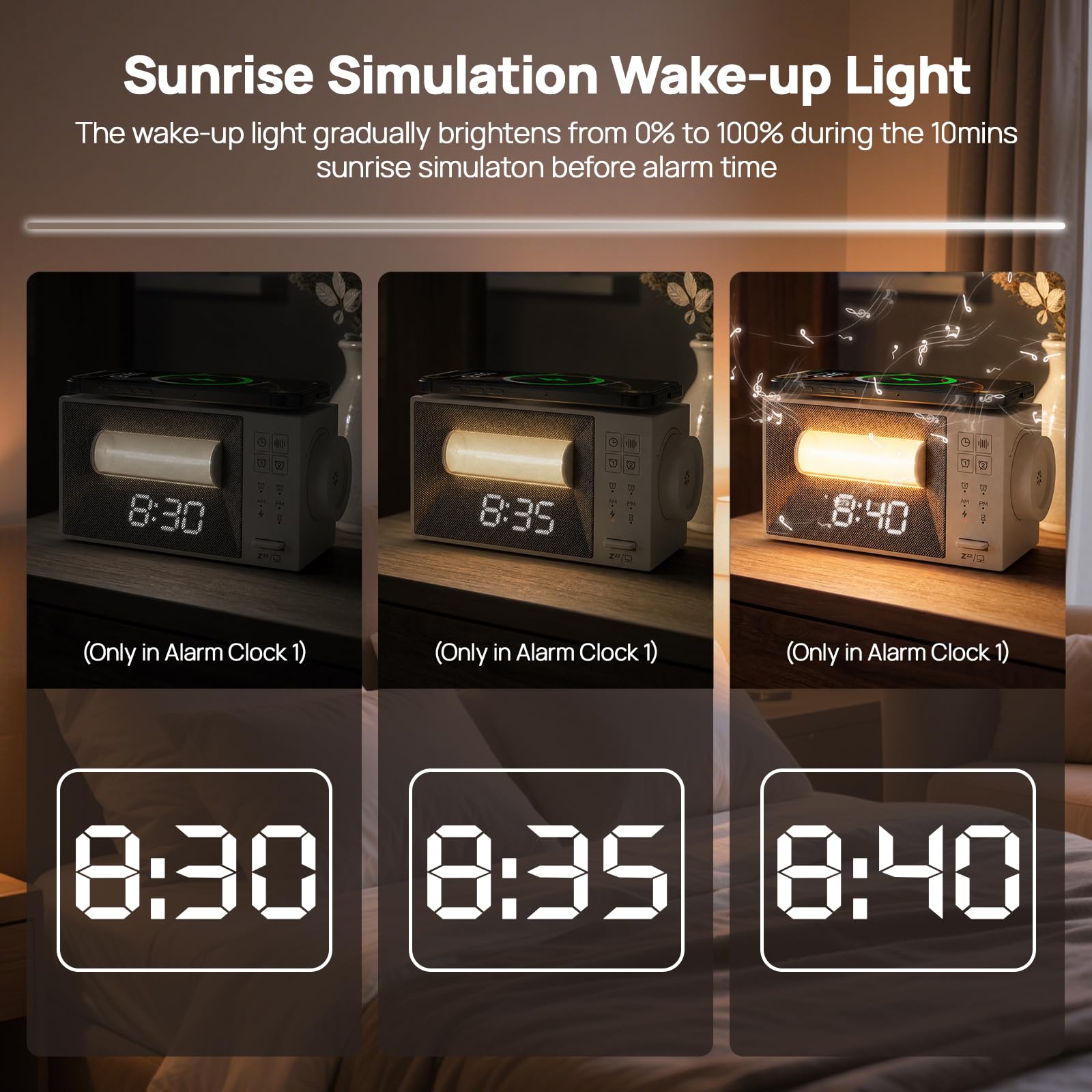Despertador digital con estación de carga, cargador rápido inalámbrico de 15 W, despertador digital con 20 sonidos naturales, luz nocturna, lámpara de noche con luz diurna, despertador con función de