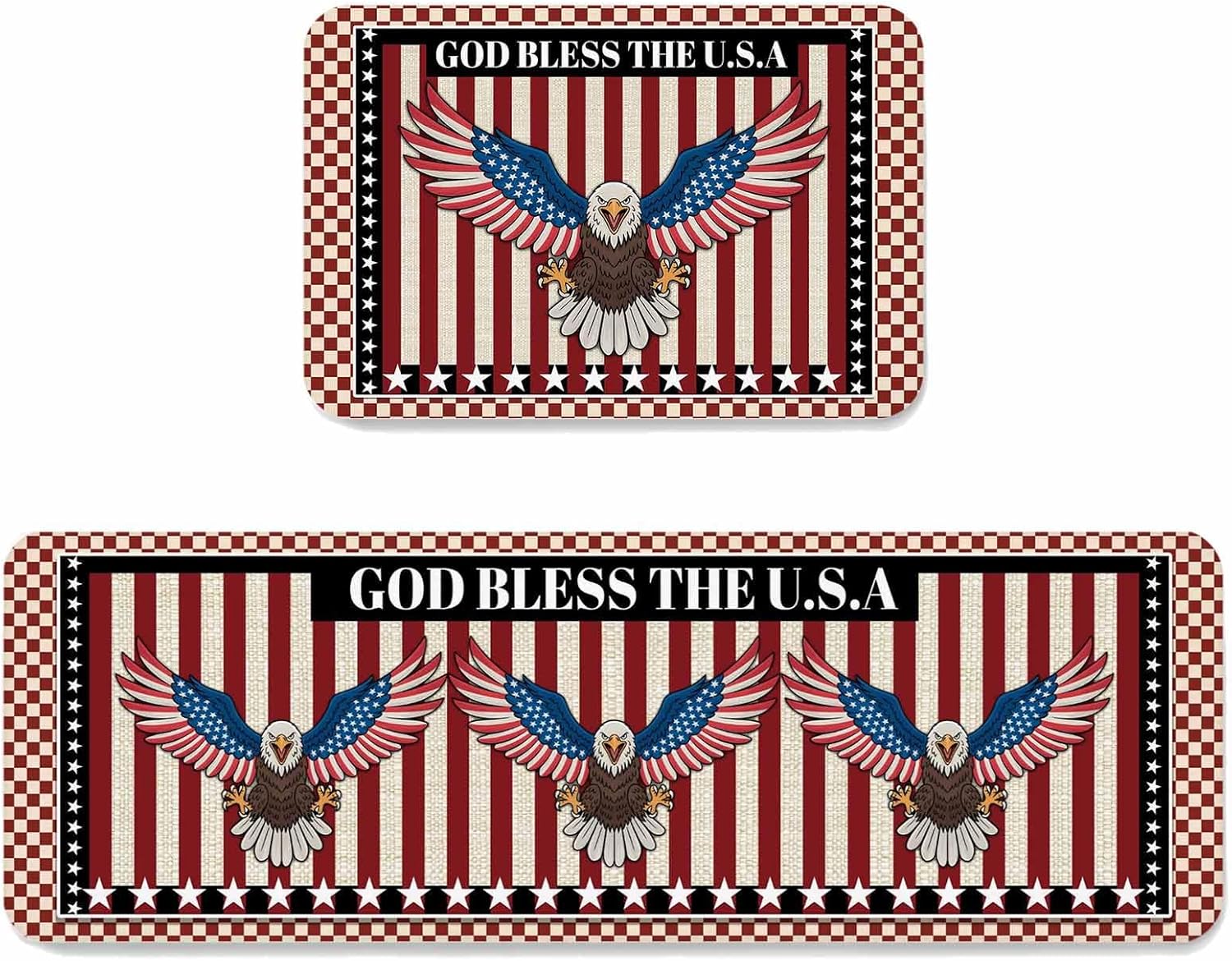 Prime Leader Independence Day Kitchen Mat Set 2 Pieces Red Blue Bald Eagle U.S Flag Stripe Stars Non Slip Kitchen Rugs Washable Runner Rug Mats for Sink Laundry (19.7" x 31.5"+19.7" x 47.2")