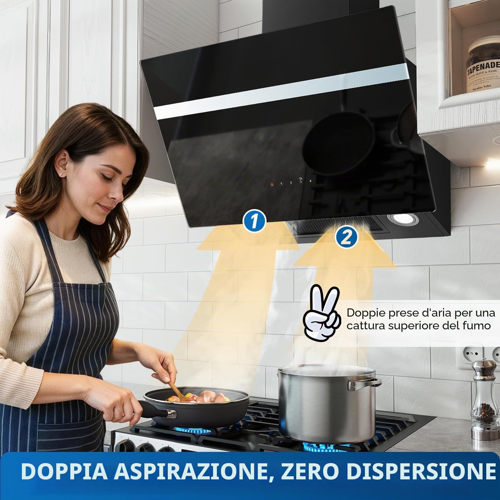TopStrong Cappa aspirante 60 cm, 800 m³/h Cappa Cucina Inclinata 60cm con Filtro a Carboni, Classe A+++, Ricircolo & Canalizzazione, 3 Livelli di Regolazione + Booster, 65 dB, LED