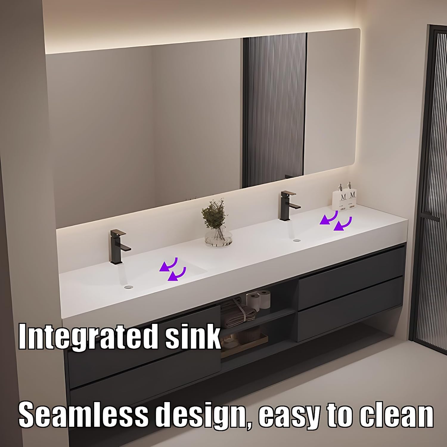 Floating Bathroom Vanity with Sink – Modern Wall Mounted Bathroom Vanity Cabinet Set with LED Anti-Fog Mirror, Soft Close Drawers, Seamless Sink – Cabinet with Sink (Wood,52IN)