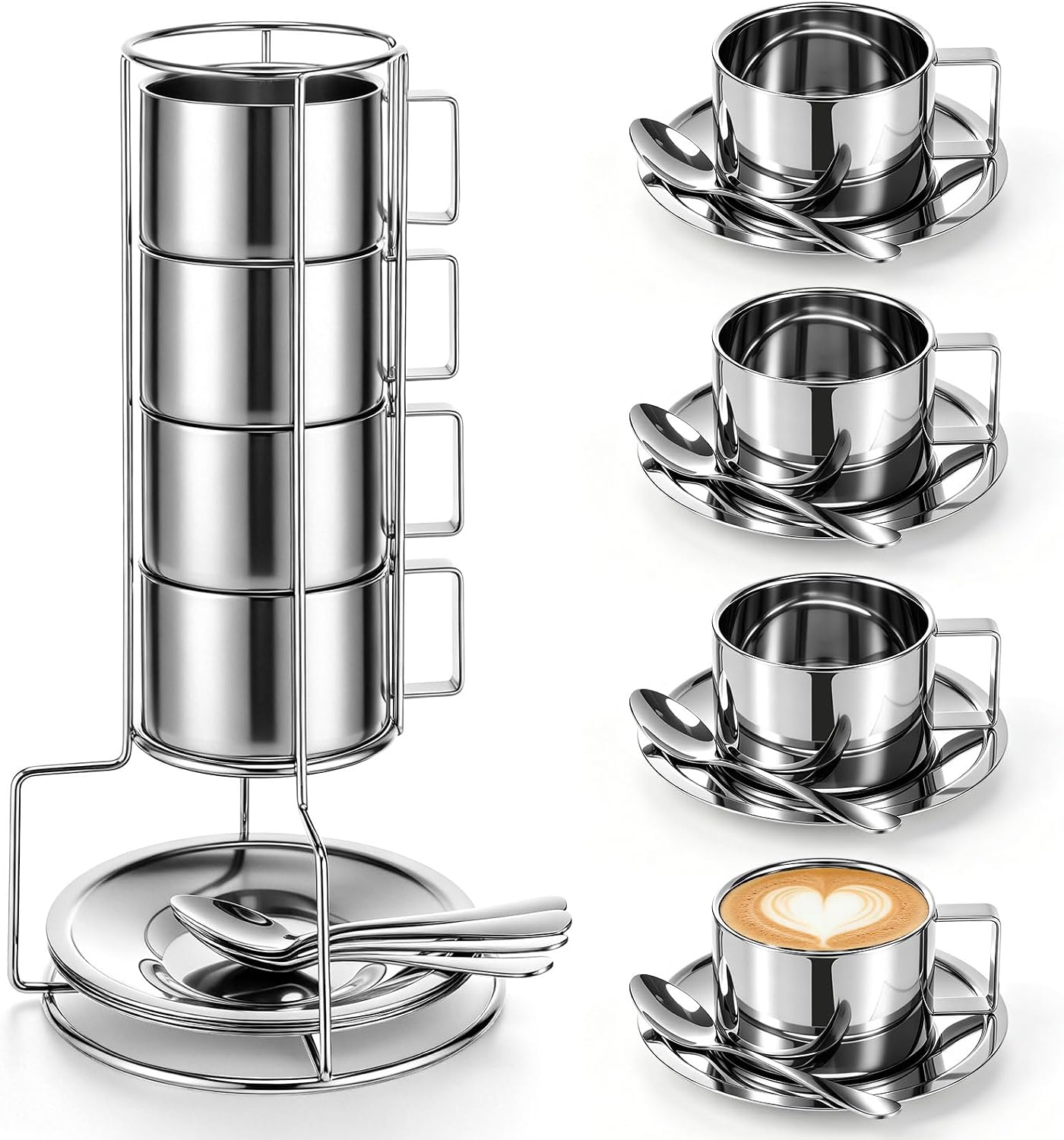 4 Pack Stainless Steel Coffee Cup Set 6 oz Espresso Cups Coffee Mugs with Spoons, Saucers and Metal Stand for Drinks, Latte, Tea, Milk (200 ml)