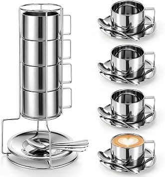 4 Pack Stainless Steel Coffee Cup Set 6 oz Espresso Cups Coffee Mugs with Spoons, Saucers and Metal Stand for Drinks, Latte, Tea, Milk 200 ml